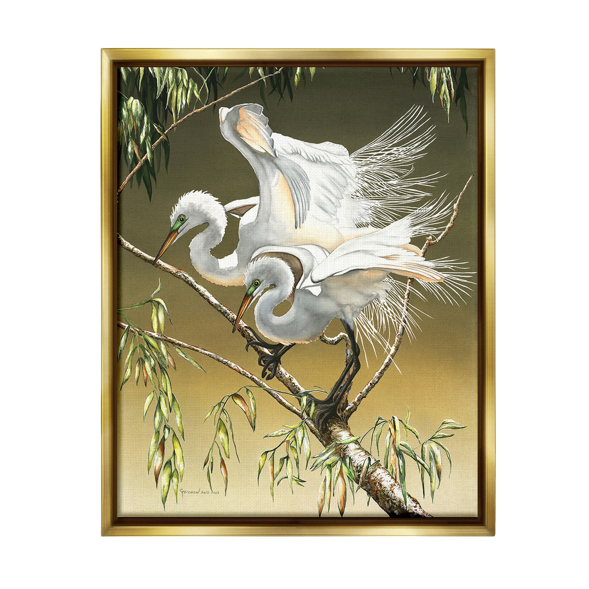 Stupell Industries Egrets Perched on Branch Animals & Insects Painting Gold Floater Framed Canvas Art Print Wall Art, 17 x 21