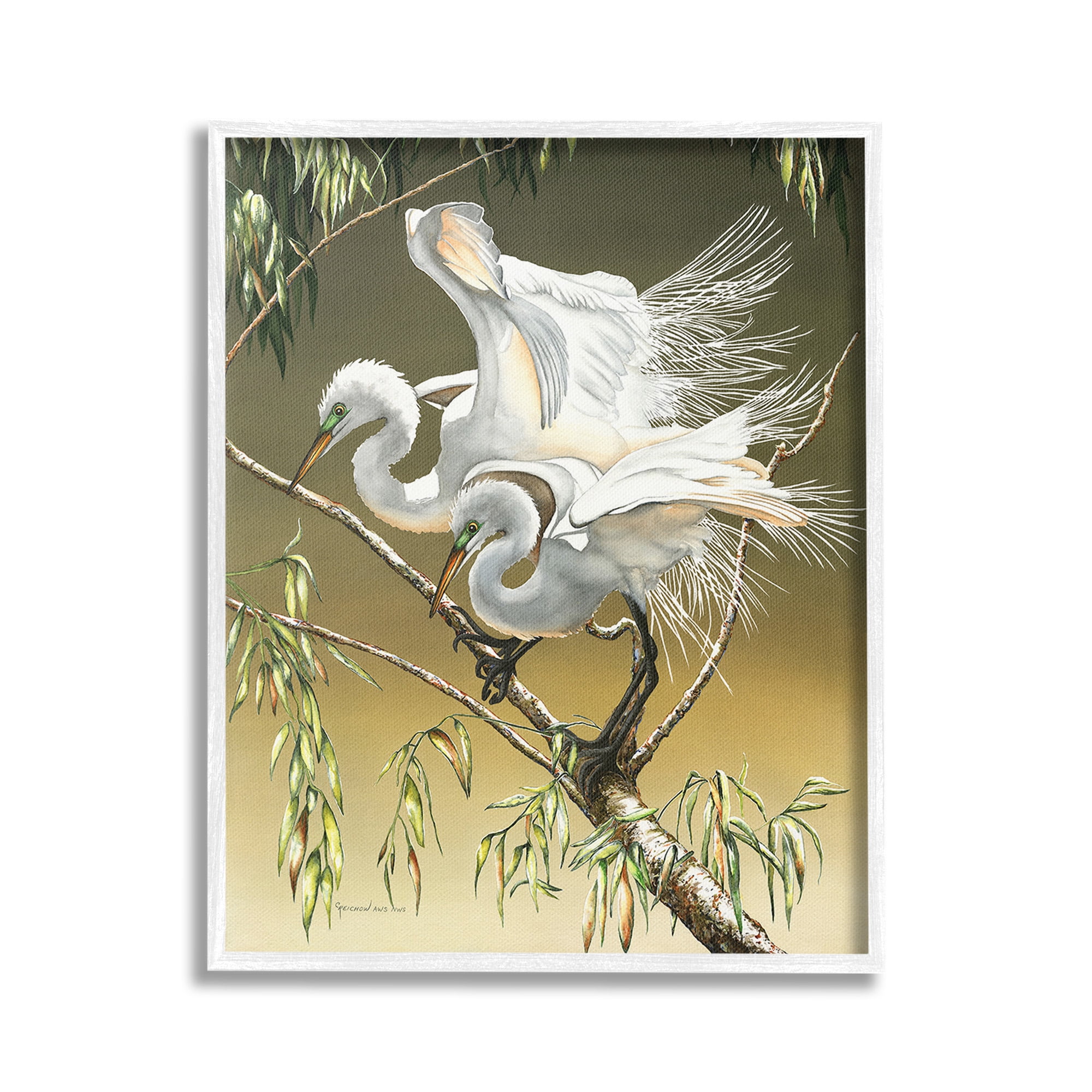 Stupell Industries Egrets Perched on Branch Animals & Insects Painting White Framed Art Print Wall Art, 16 x 20