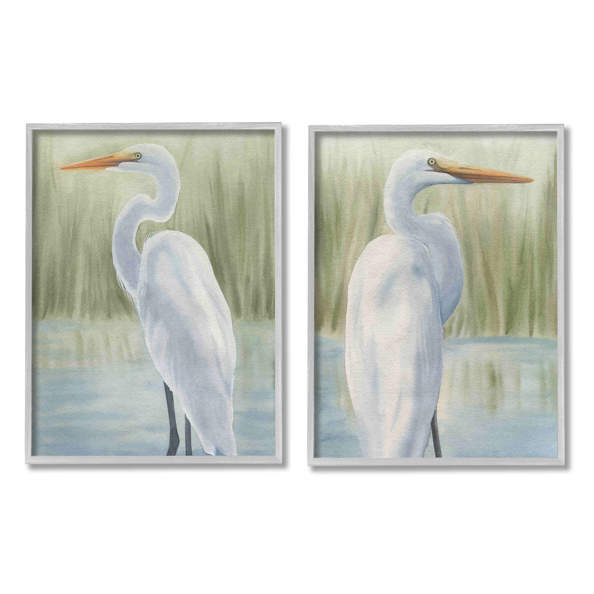 Stupell Industries Egrets in Marshland Animals & Insects Painting Gray Framed Art Print Wall Art, 16 x 20, Set of 2