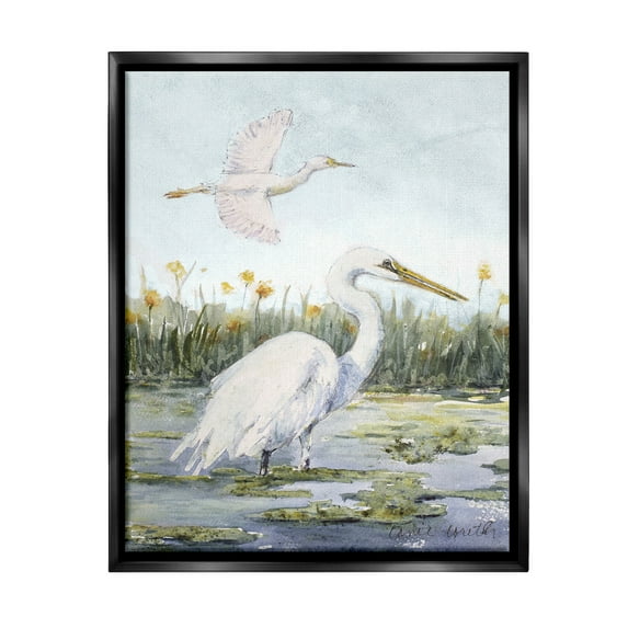 Stupell Industries Egrets in Wetland Landscape Animals & Insects Painting Black Floater Framed Canvas Art Print Wall Art, 17 x 21