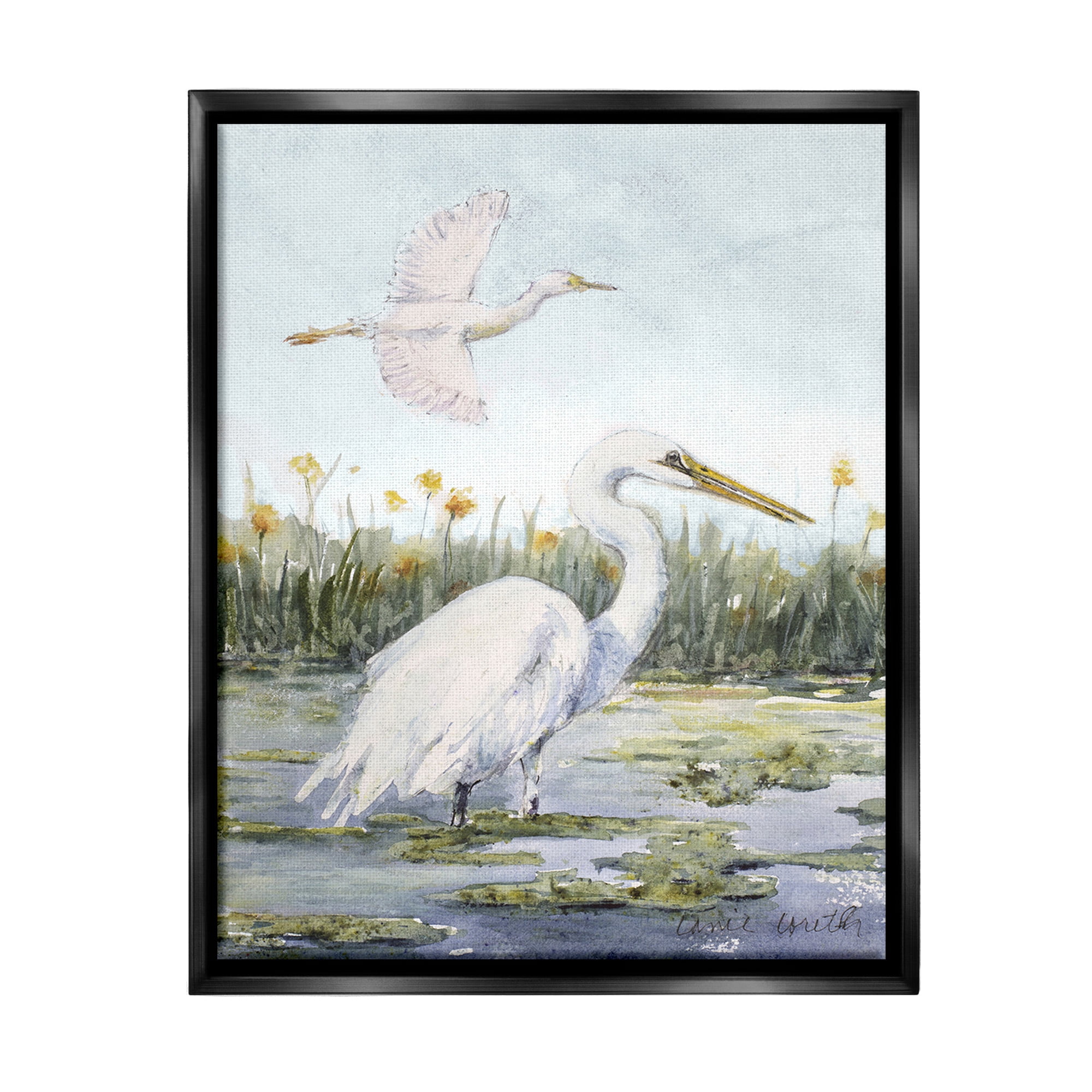 Stupell Industries Egrets in Wetland Landscape Animals & Insects Painting Black Floater Framed Canvas Art Print Wall Art, 25 x 31