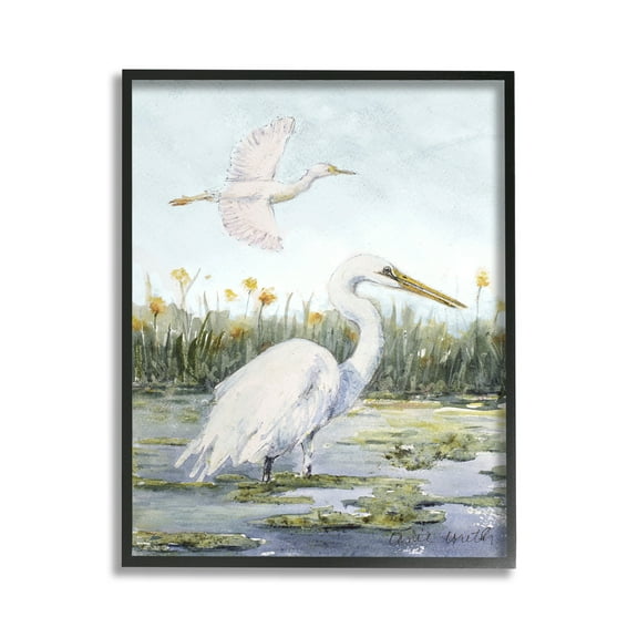 Stupell Industries Egrets in Wetland Landscape Animals & Insects Painting Black Framed Art Print Wall Art, 11 x 14