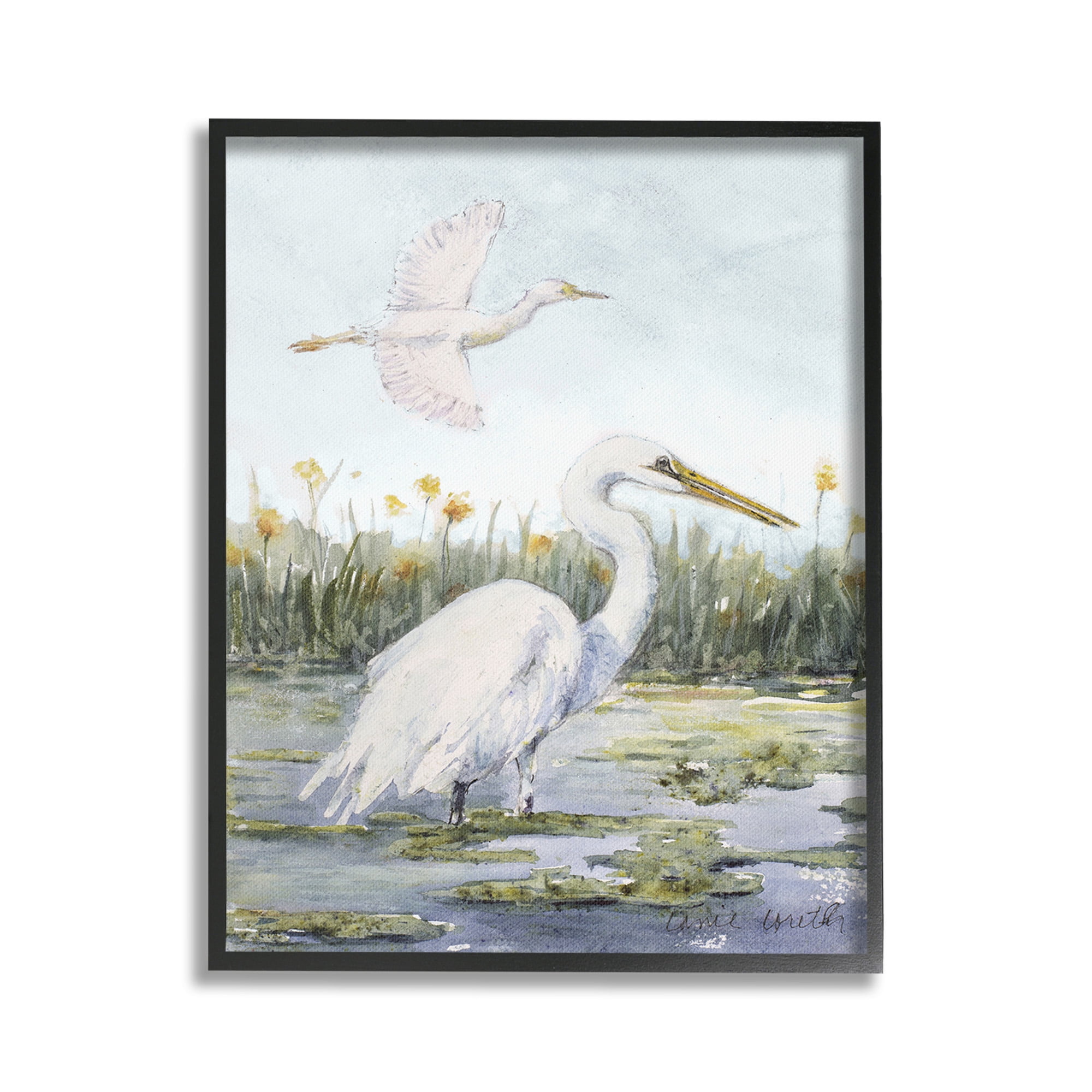 Stupell Industries Egrets in Wetland Landscape Animals & Insects Painting Black Framed Art Print Wall Art, 16 x 20