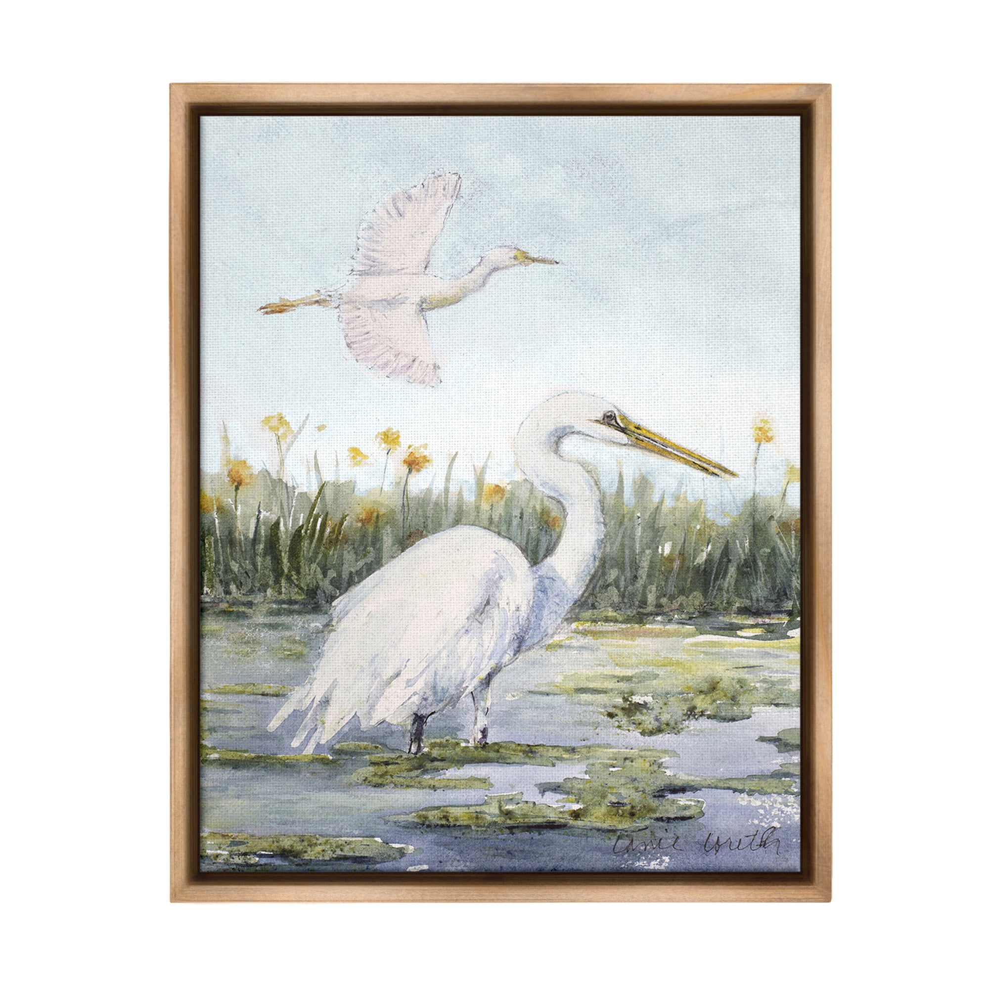 Stupell Industries Egrets in Wetland Landscape Animals & Insects Painting Brown Floater Framed Canvas Art Print Wall Art, 17 x 21