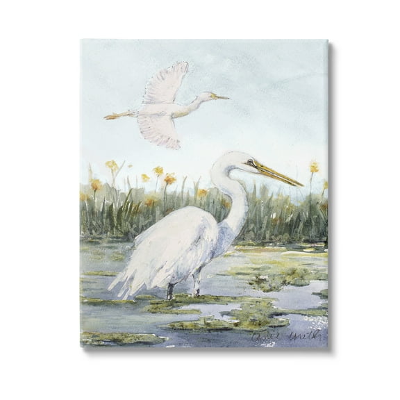 Stupell Industries Egrets in Wetland Landscape Animals & Insects Painting Gallery Wrapped Canvas Art Print Wall Art, 16 x 20