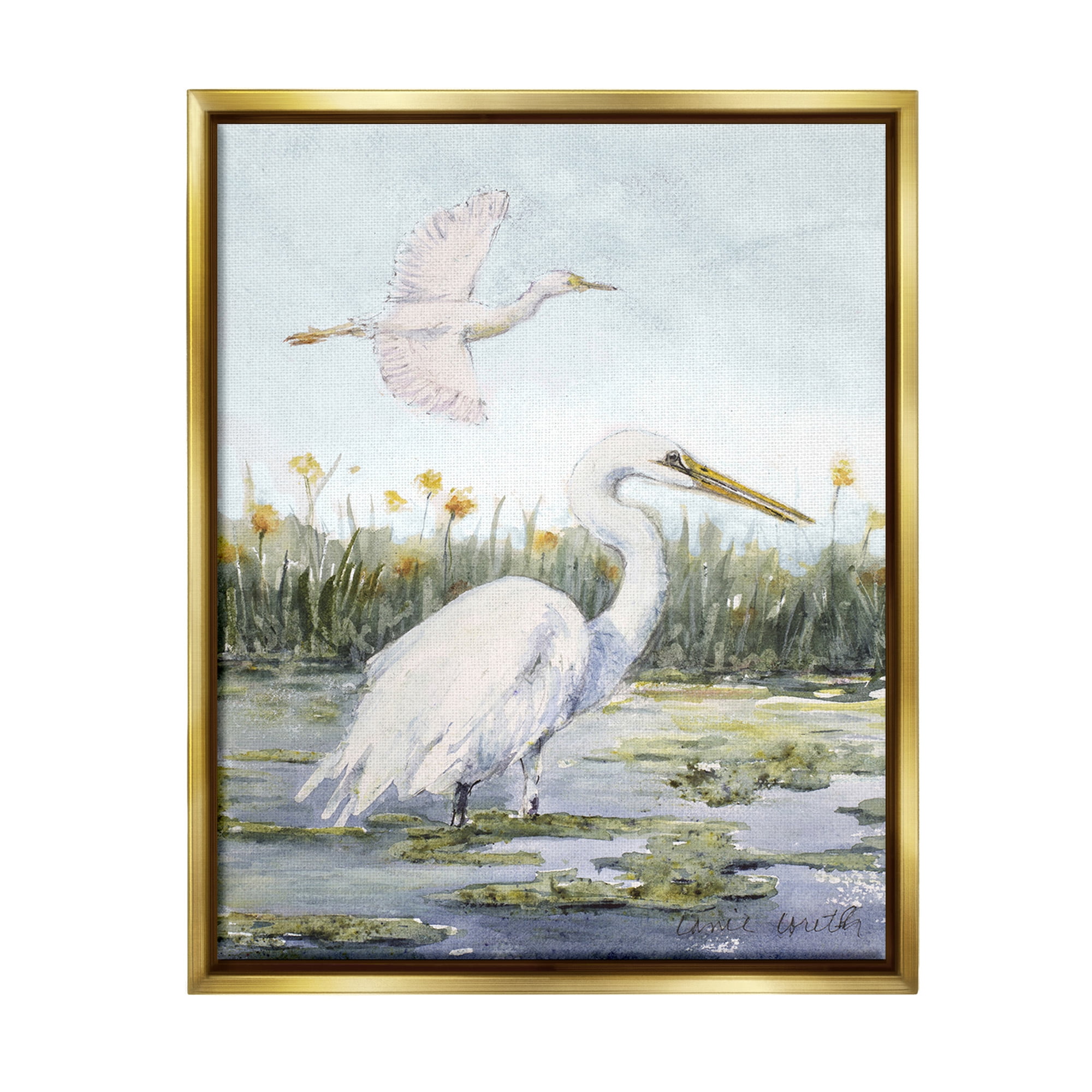 Stupell Industries Egrets in Wetland Landscape Animals & Insects Painting Gold Floater Framed Canvas Art Print Wall Art, 25 x 31
