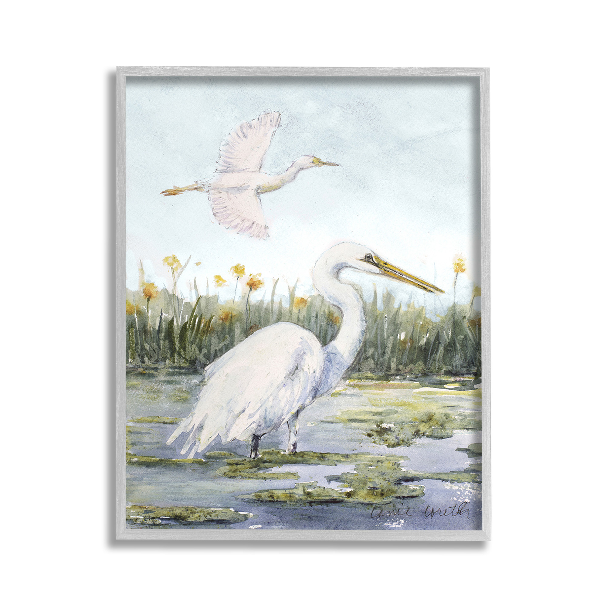 Stupell Industries Egrets in Wetland Landscape Animals & Insects Painting Gray Framed Art Print Wall Art, 11 x 14