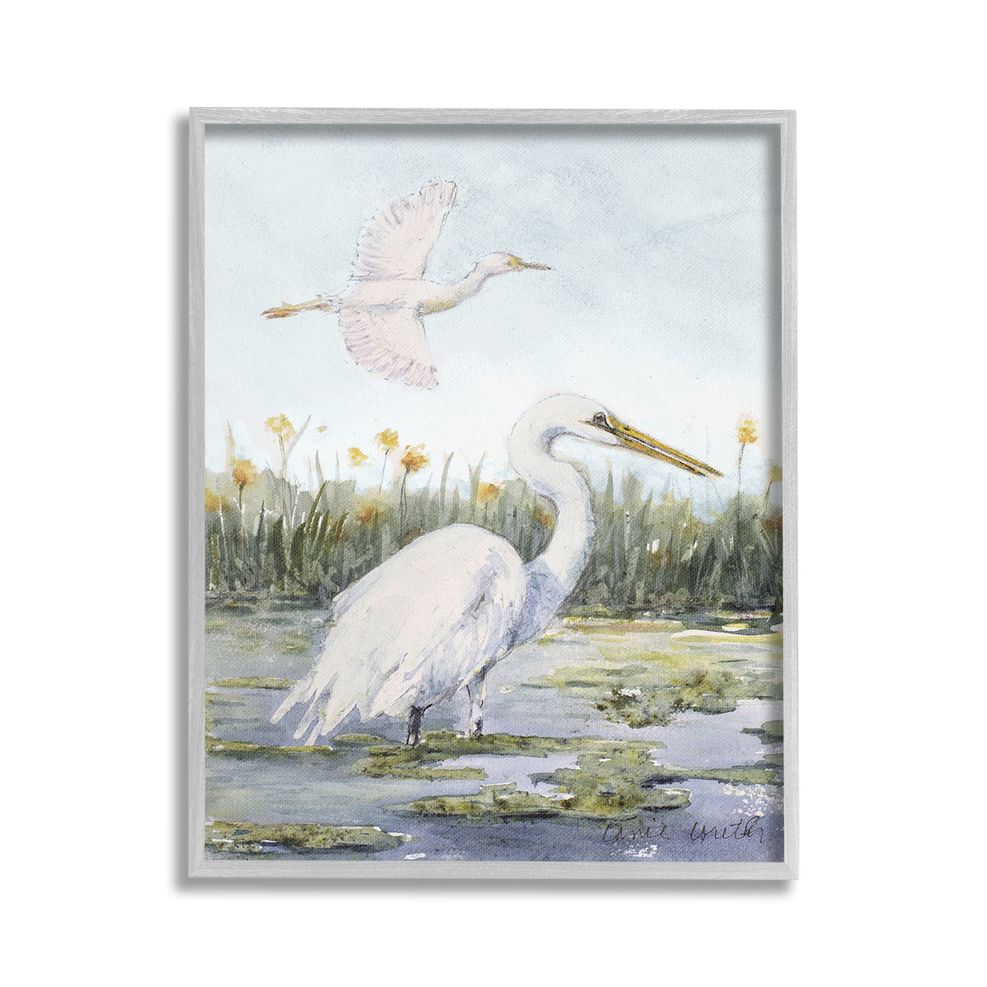Gray Framed Canvas Print of Egrets in Wetland Landscape