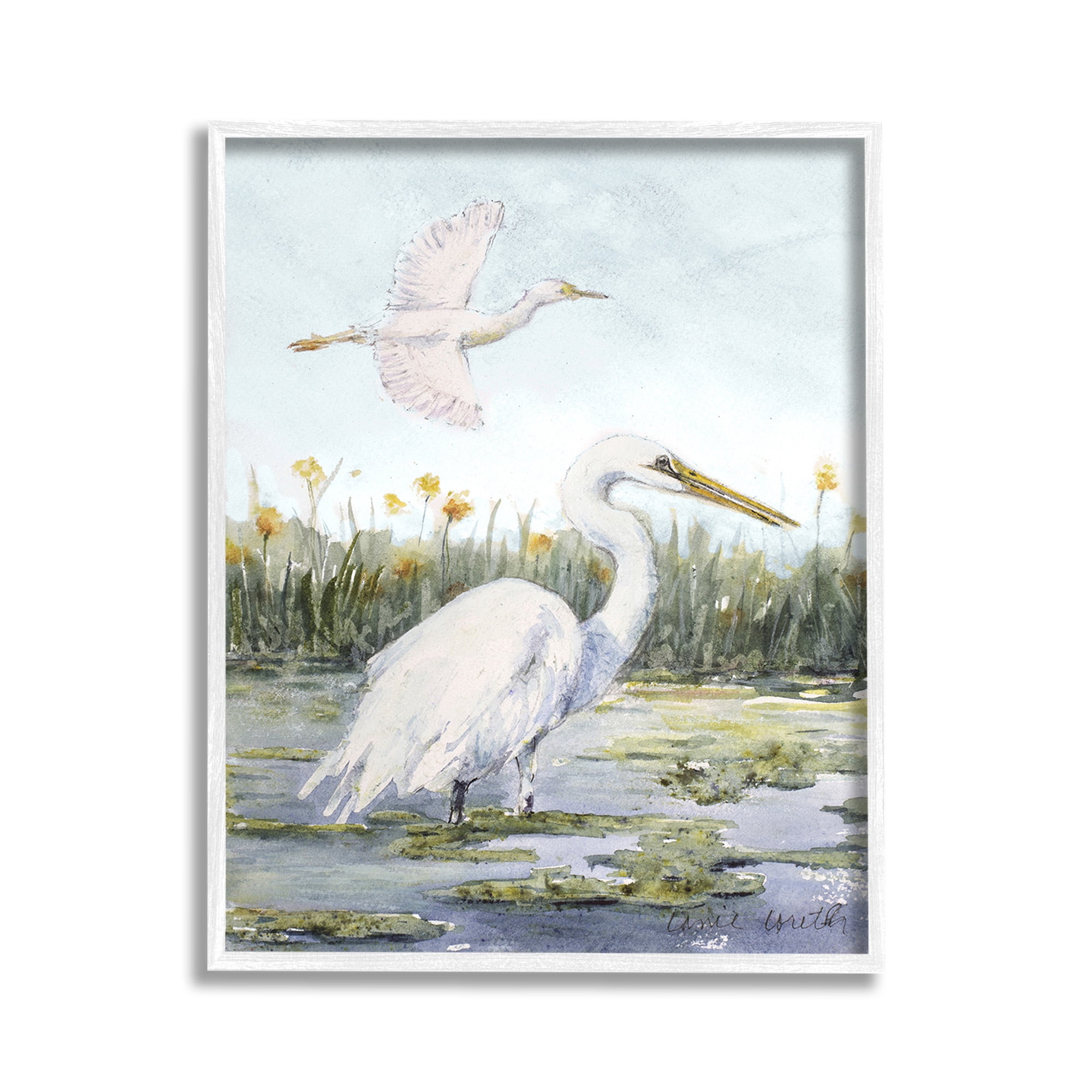 Stupell Industries Egrets in Wetland Landscape Animals & Insects Painting White Framed Art Print Wall Art, 11 x 14
