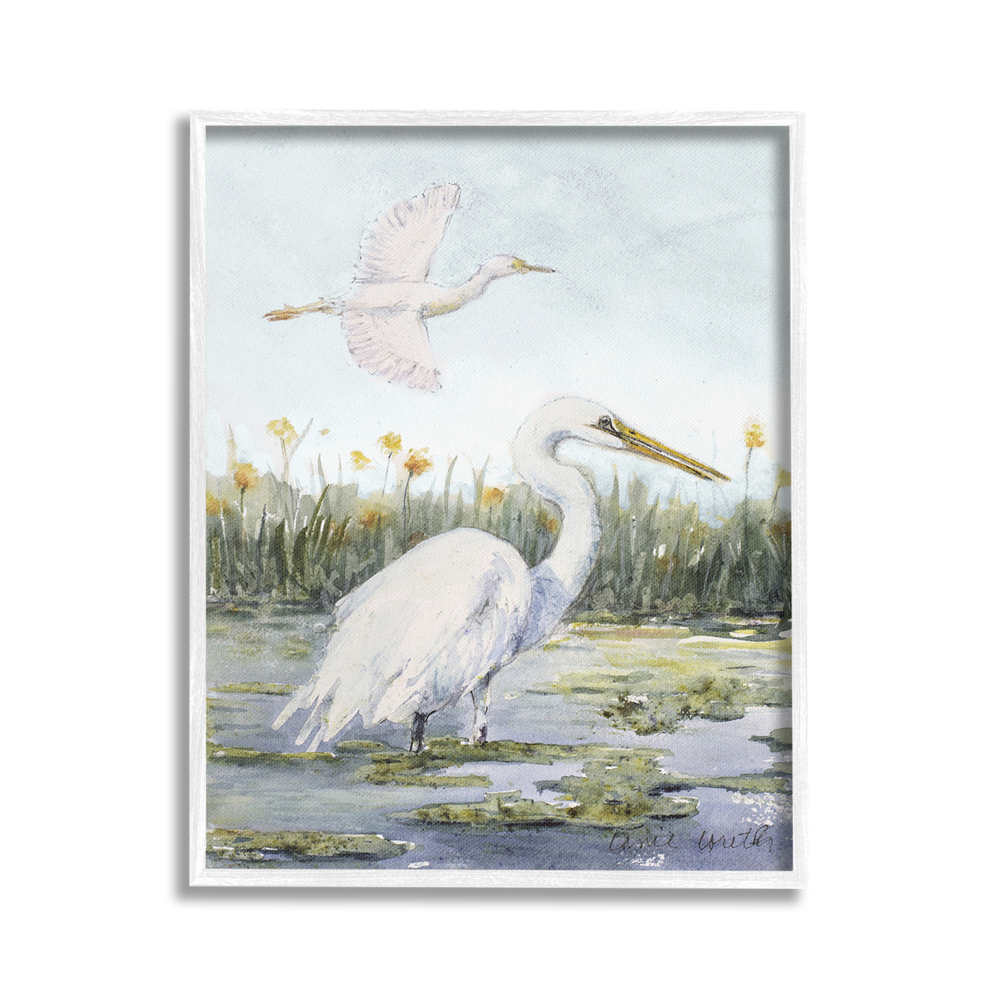 Stupell Industries Egrets in Wetland Landscape Animals & Insects Painting White Framed Art Print Wall Art, 16 x 20