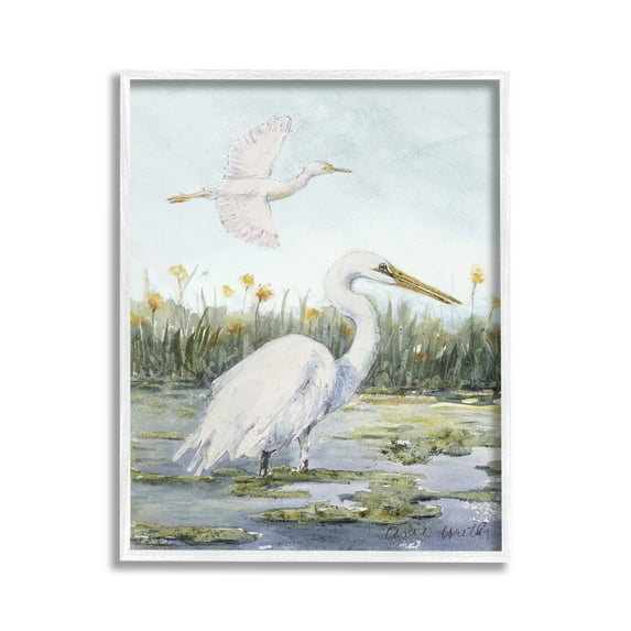 Stupell Industries Egrets in Wetland Landscape Animals & Insects Painting White Framed Art Print Wall Art, 16 x 20