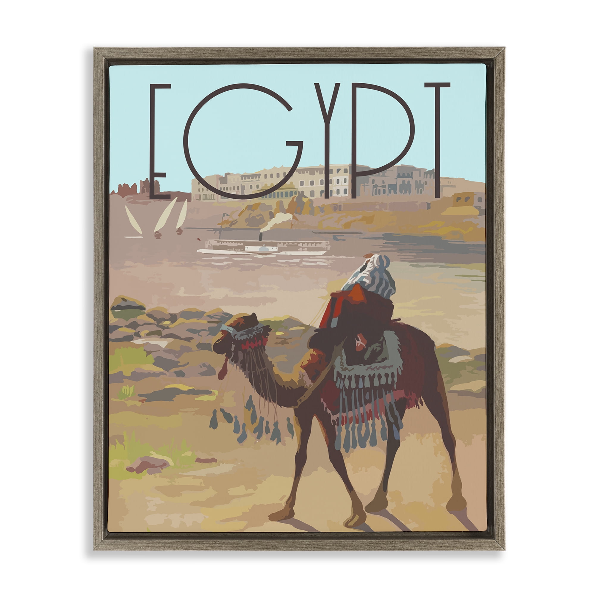 Stupell Industries Egypt Camel Scene Landscape & Nature Painting Brown Floater Framed Canvas Art Print Wall Art, 17 x 21