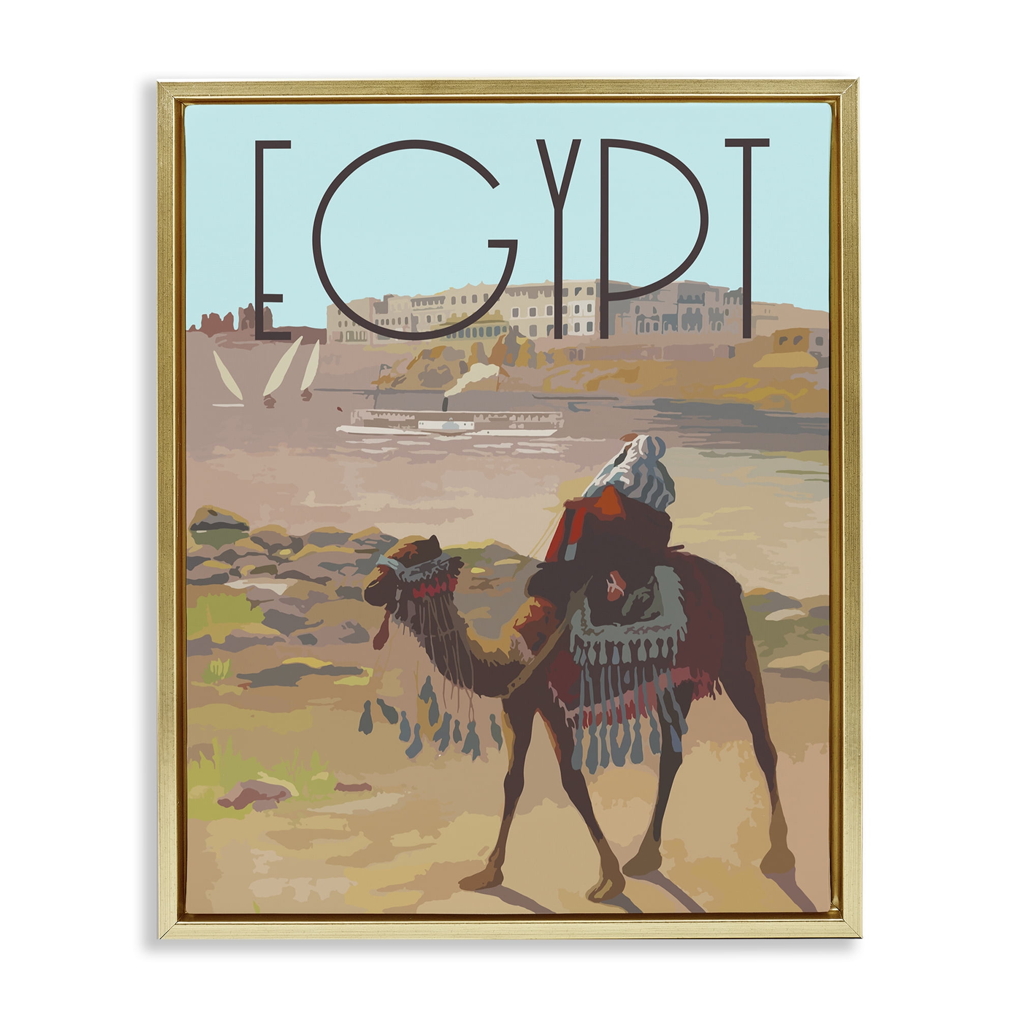 Stupell Industries Egypt Camel Scene Landscape & Nature Painting Gold Floater Framed Canvas Art Print Wall Art, 25 x 31