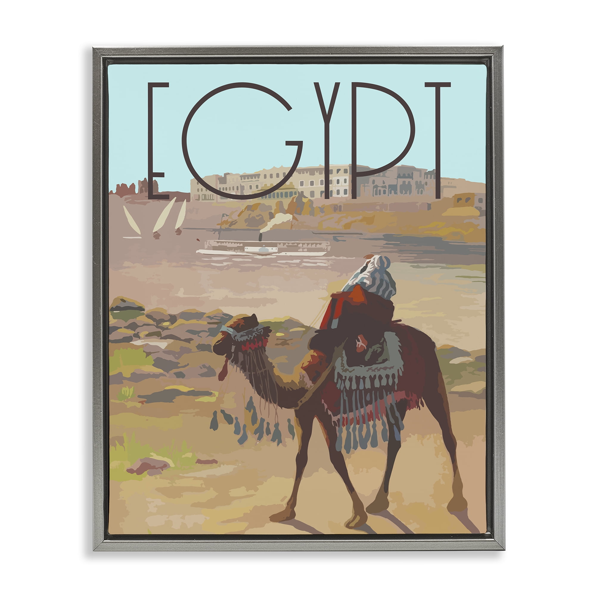 Stupell Industries Egypt Camel Scene Landscape & Nature Painting Gray Floater Framed Canvas Art Print Wall Art, 25 x 31