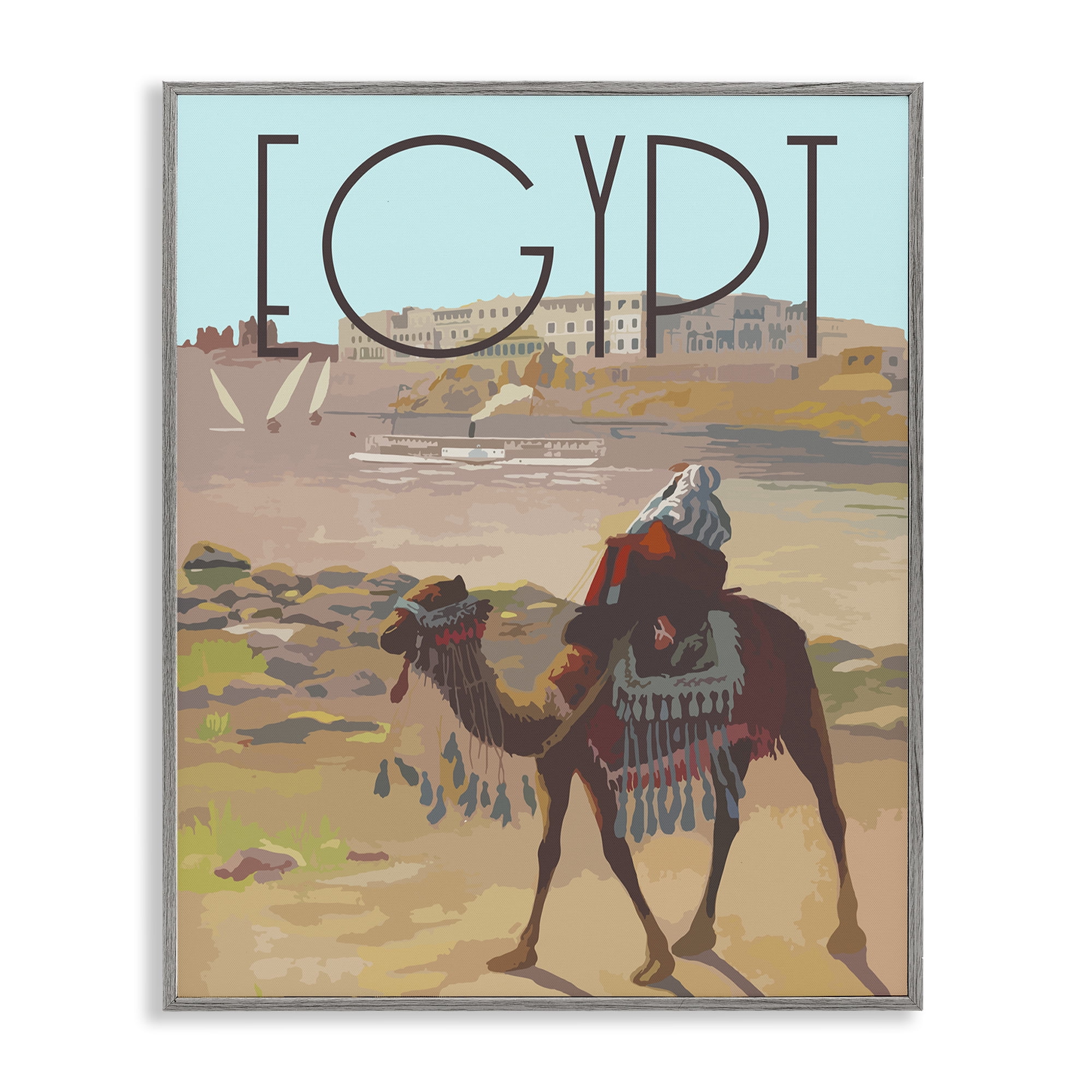 Stupell Industries Egypt Camel Scene Landscape & Nature Painting Gray Framed Art Print Wall Art, 16 x 20