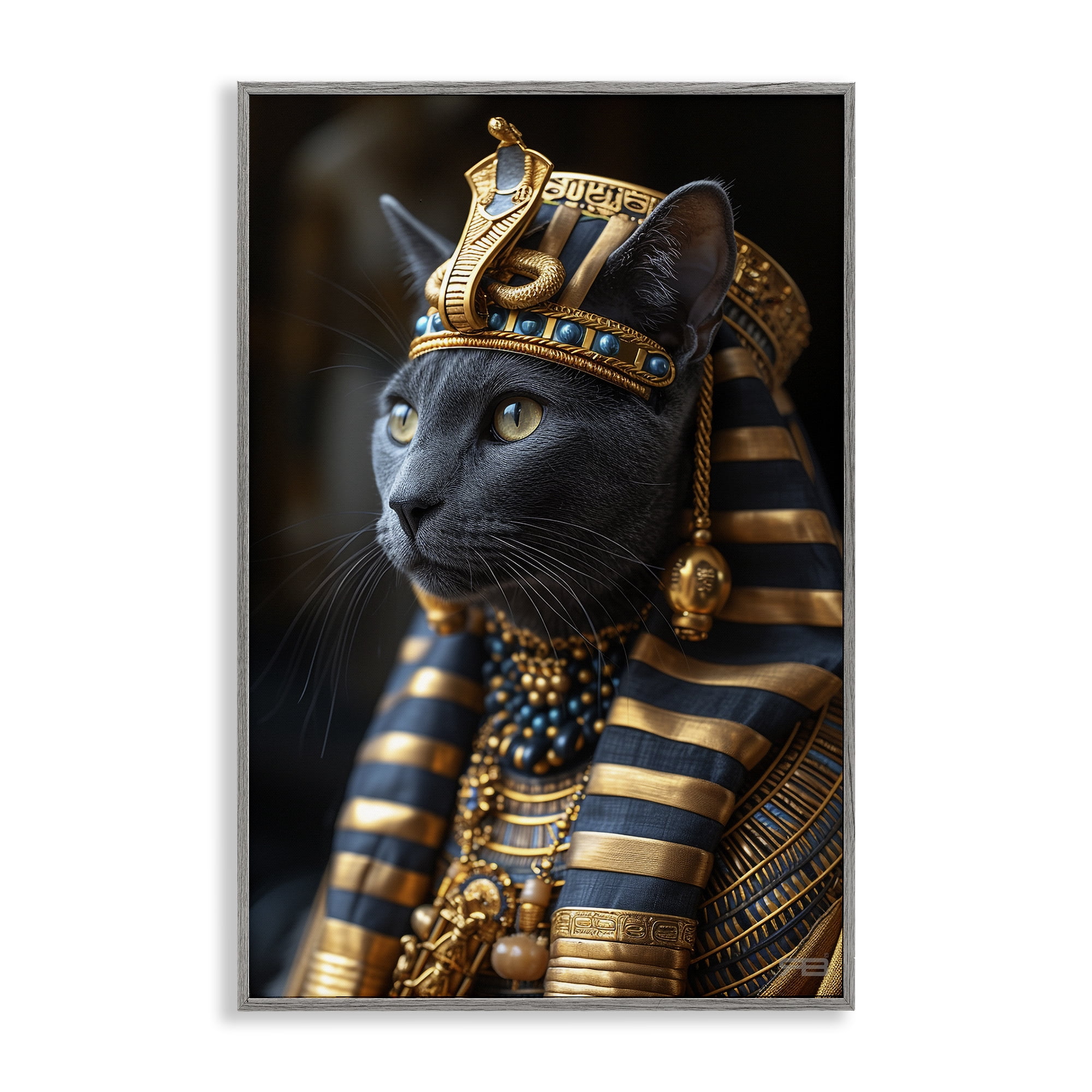 Stupell Industries Egyptian Pharaoh Cat Novelty Painting Gray Framed Art Print Wall Art, 12 x 18