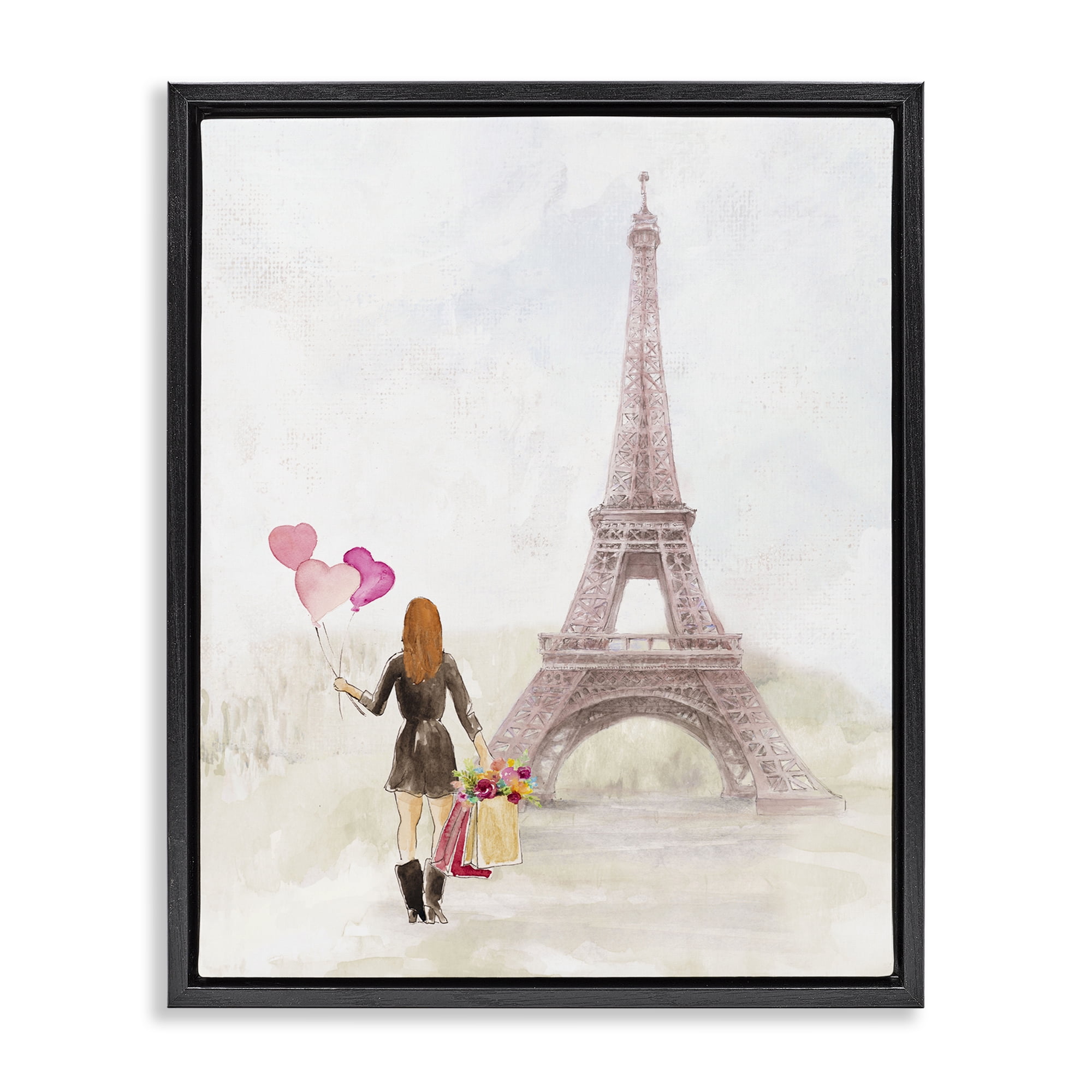 Stupell Industries Eiffel Tower & Heart Balloons Buildings & Architecture Painting Black Floater Framed Canvas Art Print Wall Art, 17 x 21