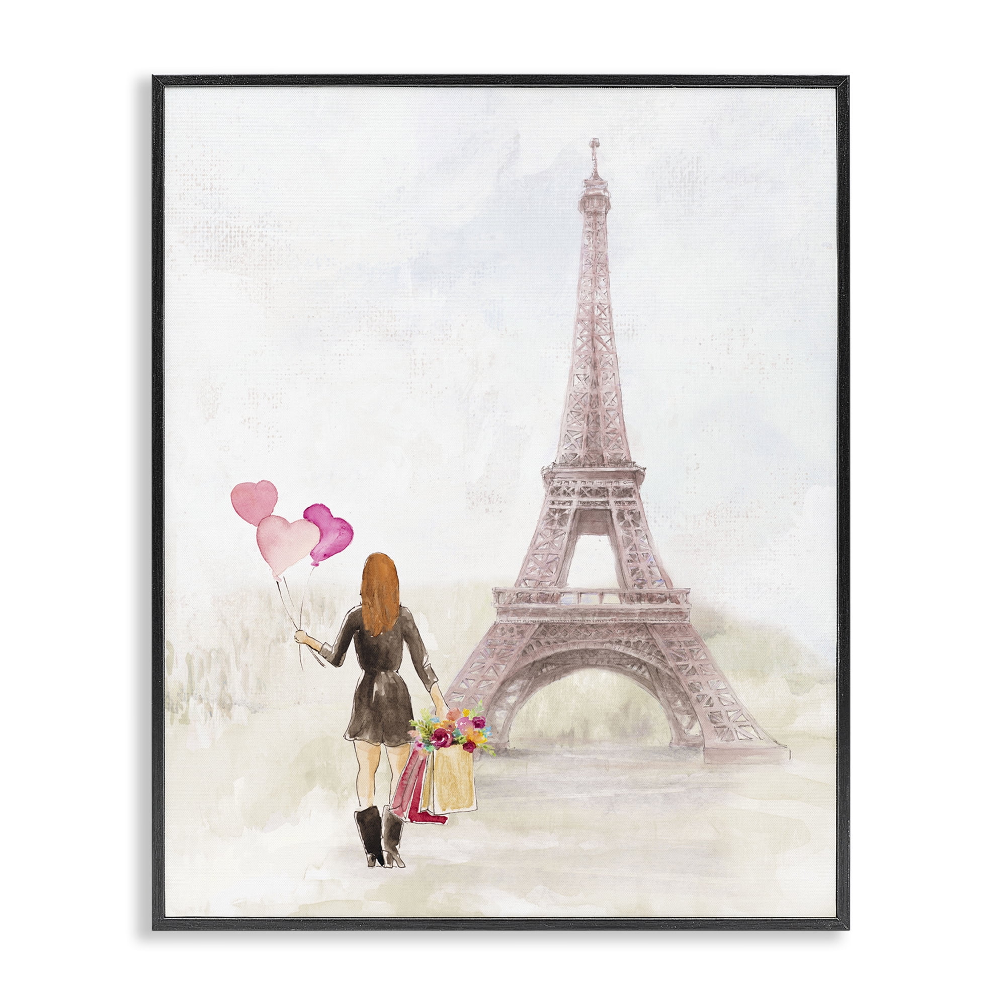 Stupell Industries Eiffel Tower & Heart Balloons Buildings & Architecture Painting Black Framed Art Print Wall Art, 16 x 20
