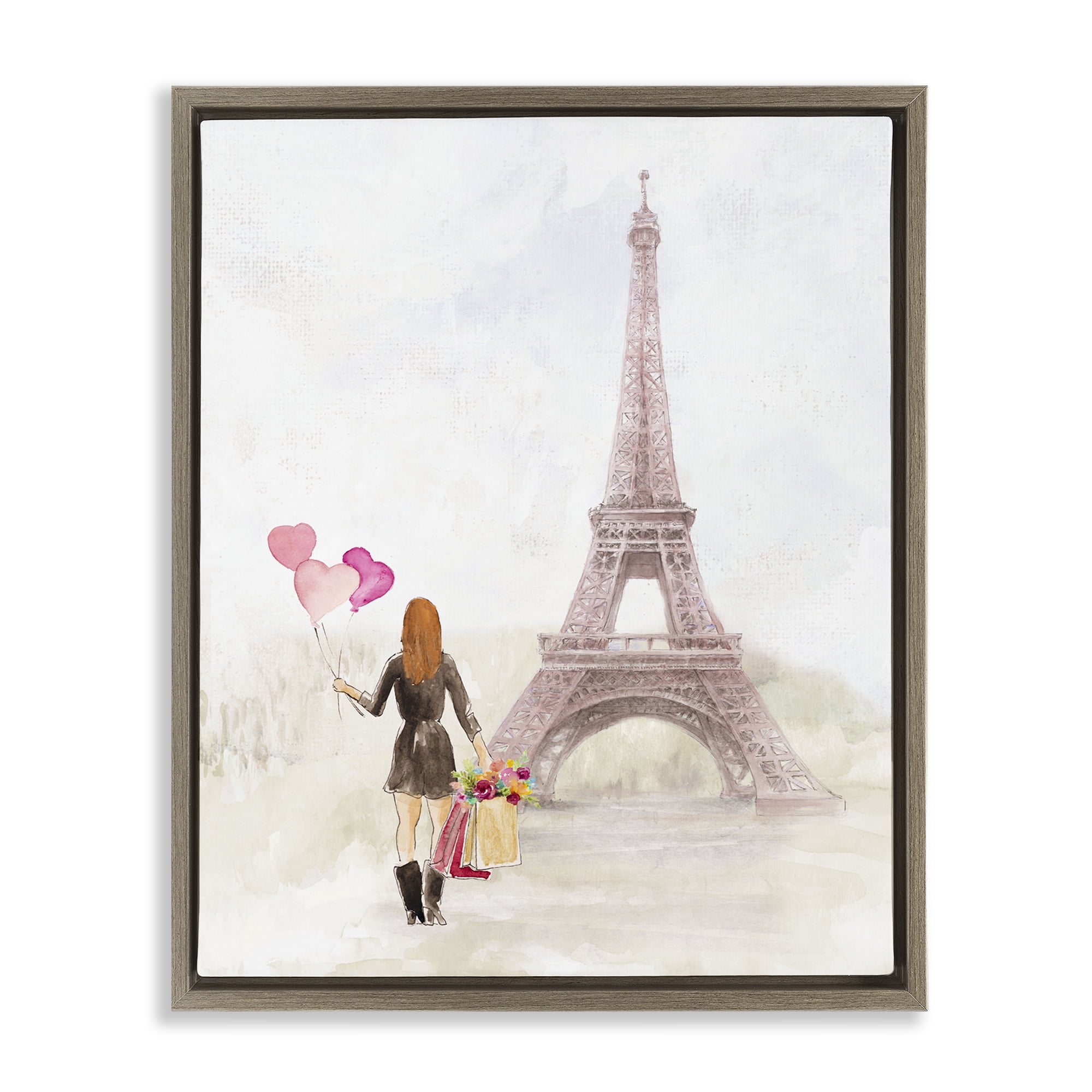 Stupell Industries Eiffel Tower & Heart Balloons Buildings & Architecture Painting Brown Floater Framed Canvas Art Print Wall Art, 17 x 21