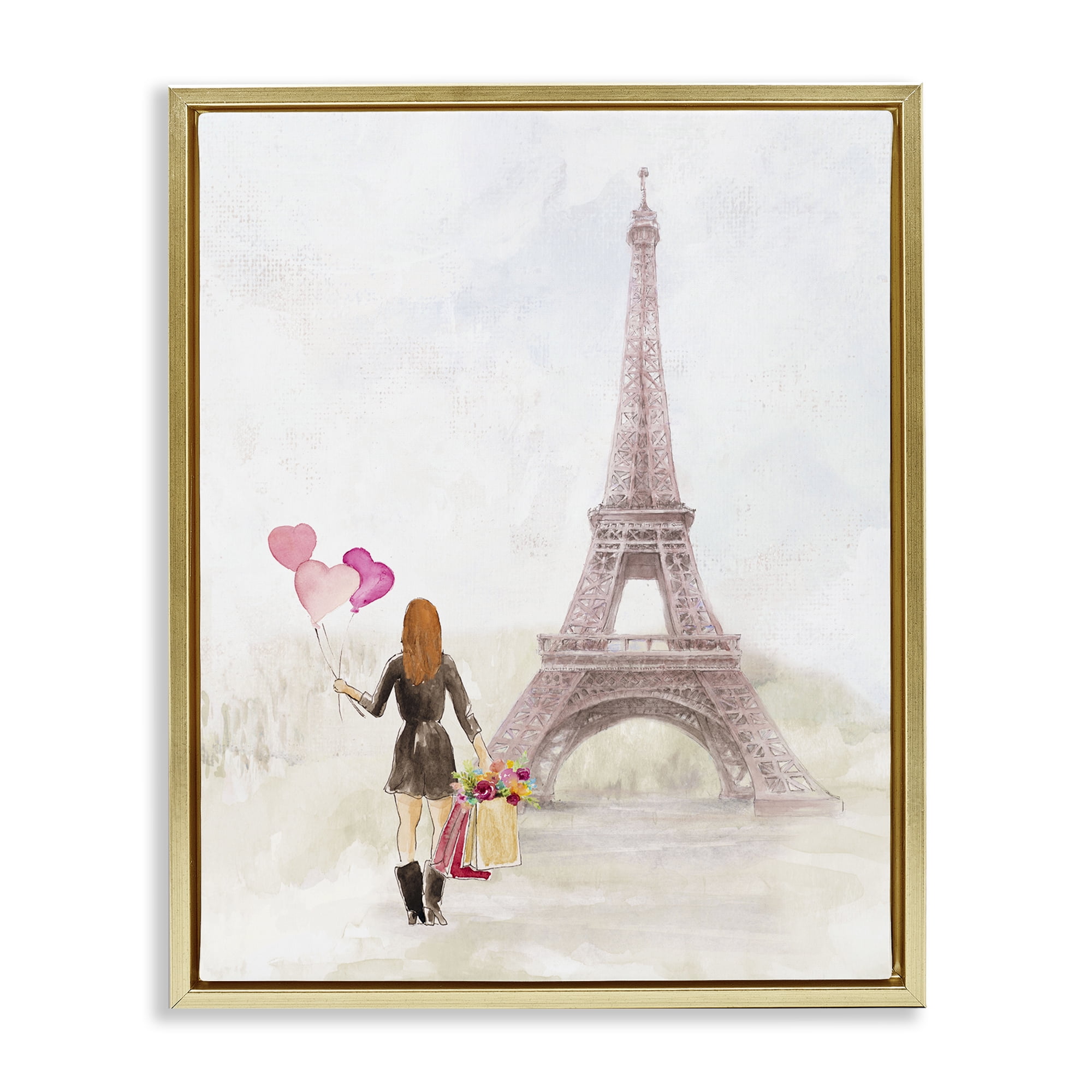 Stupell Industries Eiffel Tower & Heart Balloons Buildings & Architecture Painting Gold Floater Framed Canvas Art Print Wall Art, 17 x 21