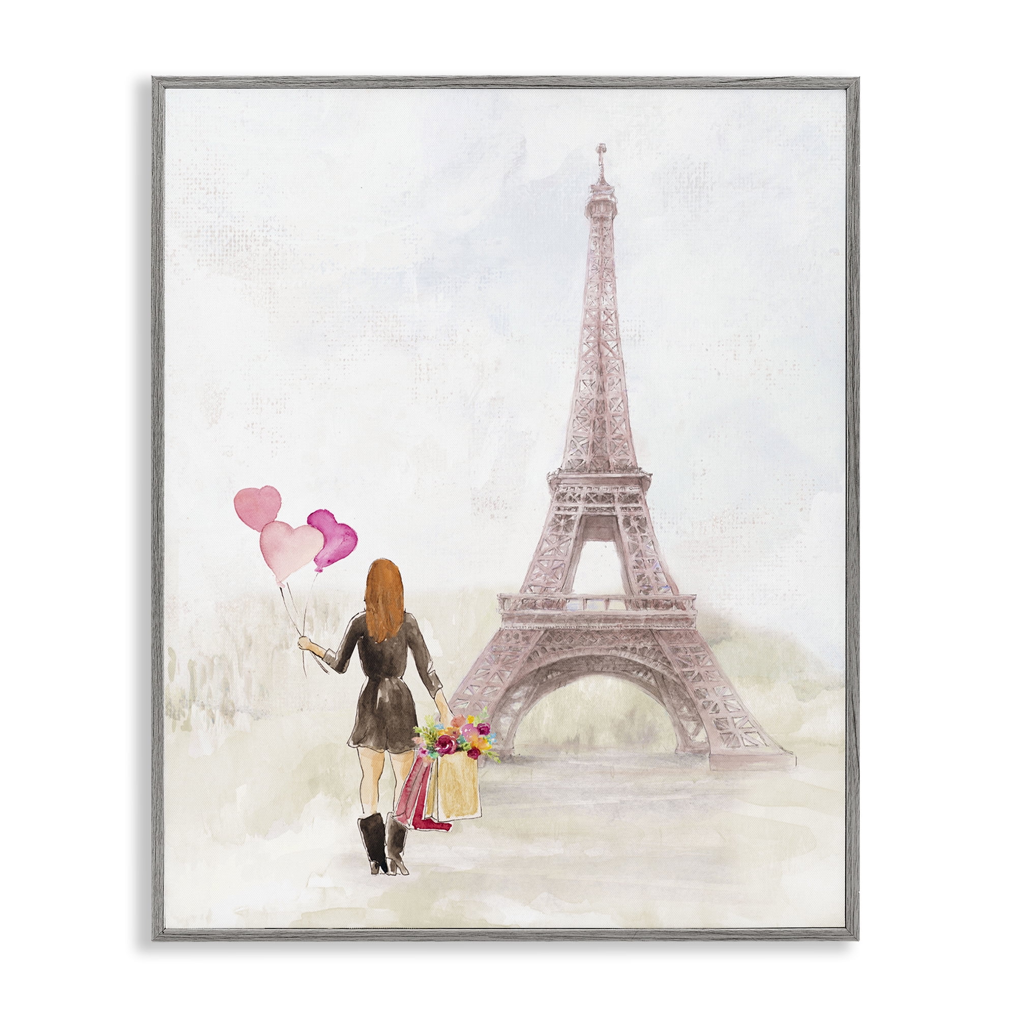 Stupell Industries Eiffel Tower & Heart Balloons Buildings & Architecture Painting Gray Framed Art Print Wall Art, 16 x 20