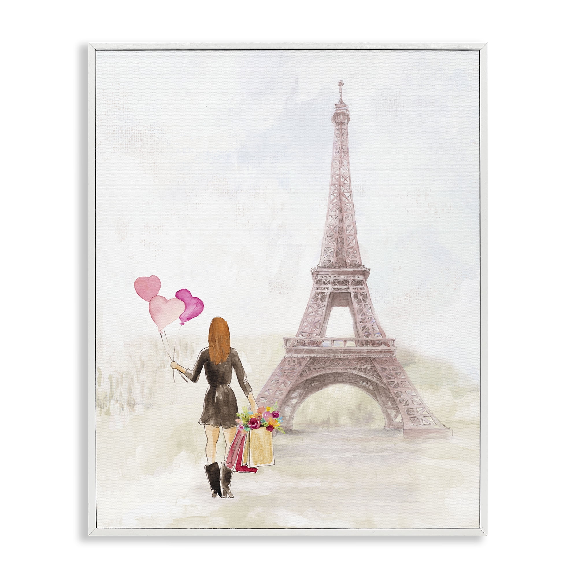 Stupell Industries Eiffel Tower & Heart Balloons Buildings & Architecture Painting White Framed Art Print Wall Art, 24 x 30