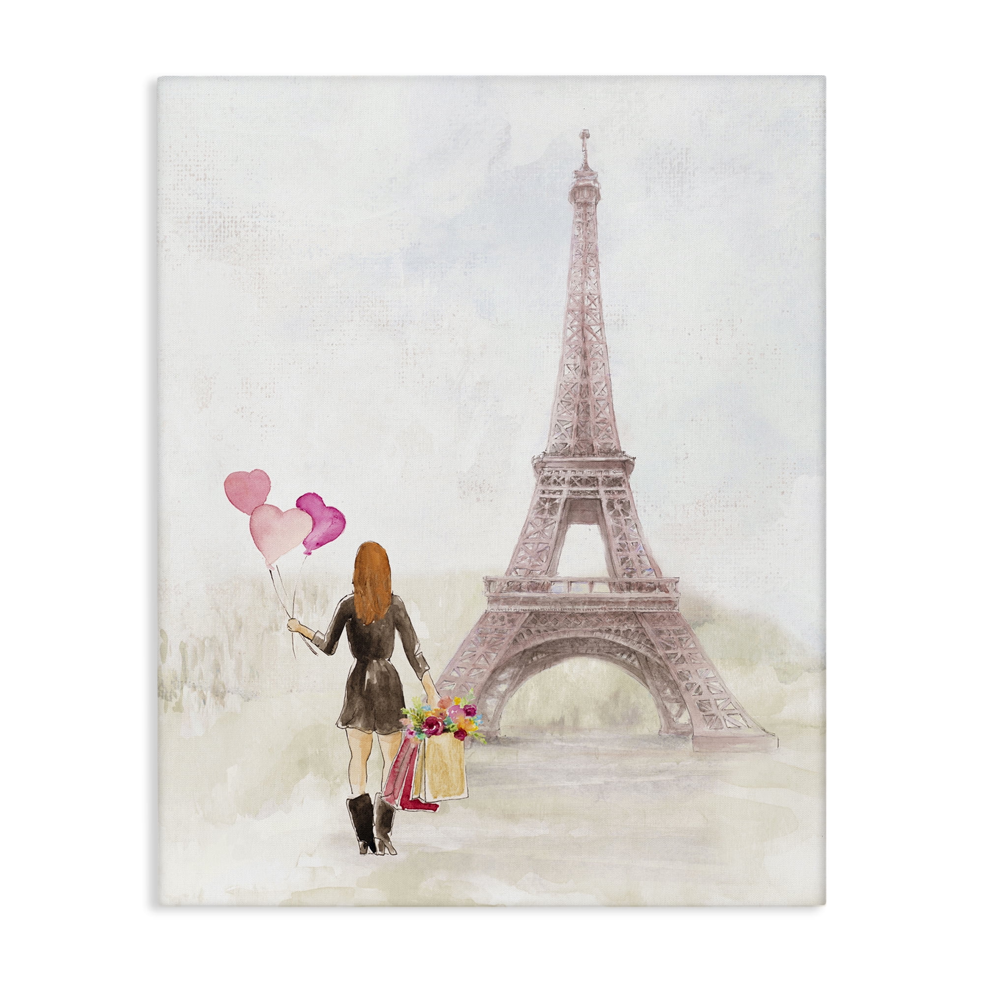 Stupell Industries Eiffel Tower & Heart Balloons Buildings & Architecture Painting Wrapped Canvas Art Print Wall Art, 24 x 30