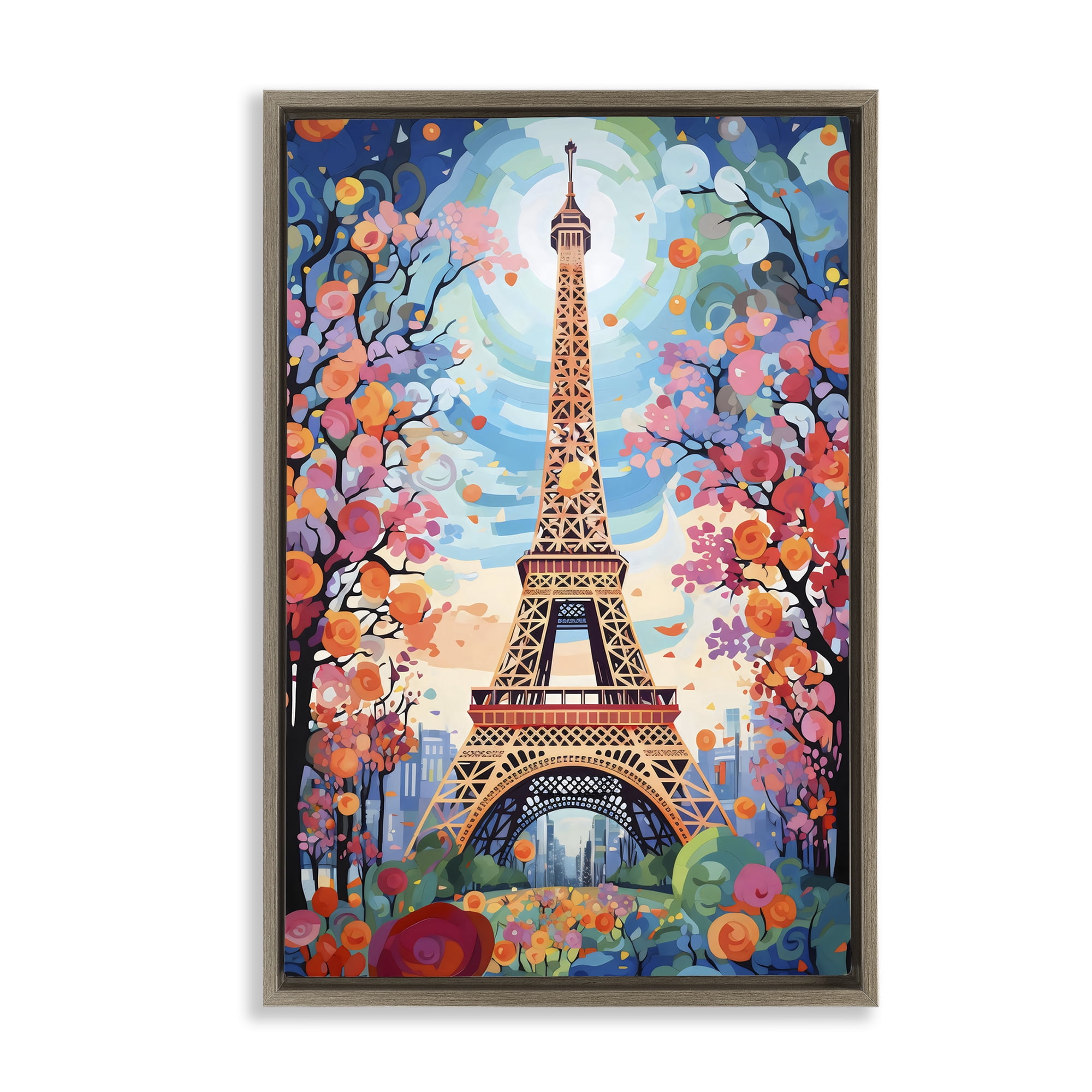 Stupell Industries Eiffel Tower Nighttime Bloom Brown Framed Floater Canvas Wall Art, design by Creative Studio