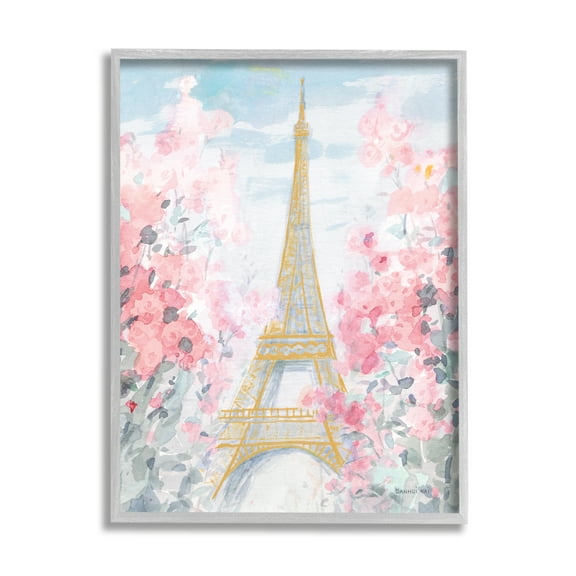 Stupell Industries Eiffel Tower Pink Parisian Spring Florals European Landmark Travel & Places Painting Gray Framed Art Print Wall Art, 11 x 14