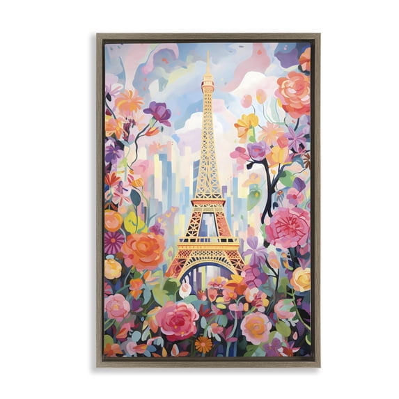 Stupell Industries Modern Eiffel Tower Surrounded By Florals Brown Floating Frame Canvas Art, 21 x 31, by Creative Studio