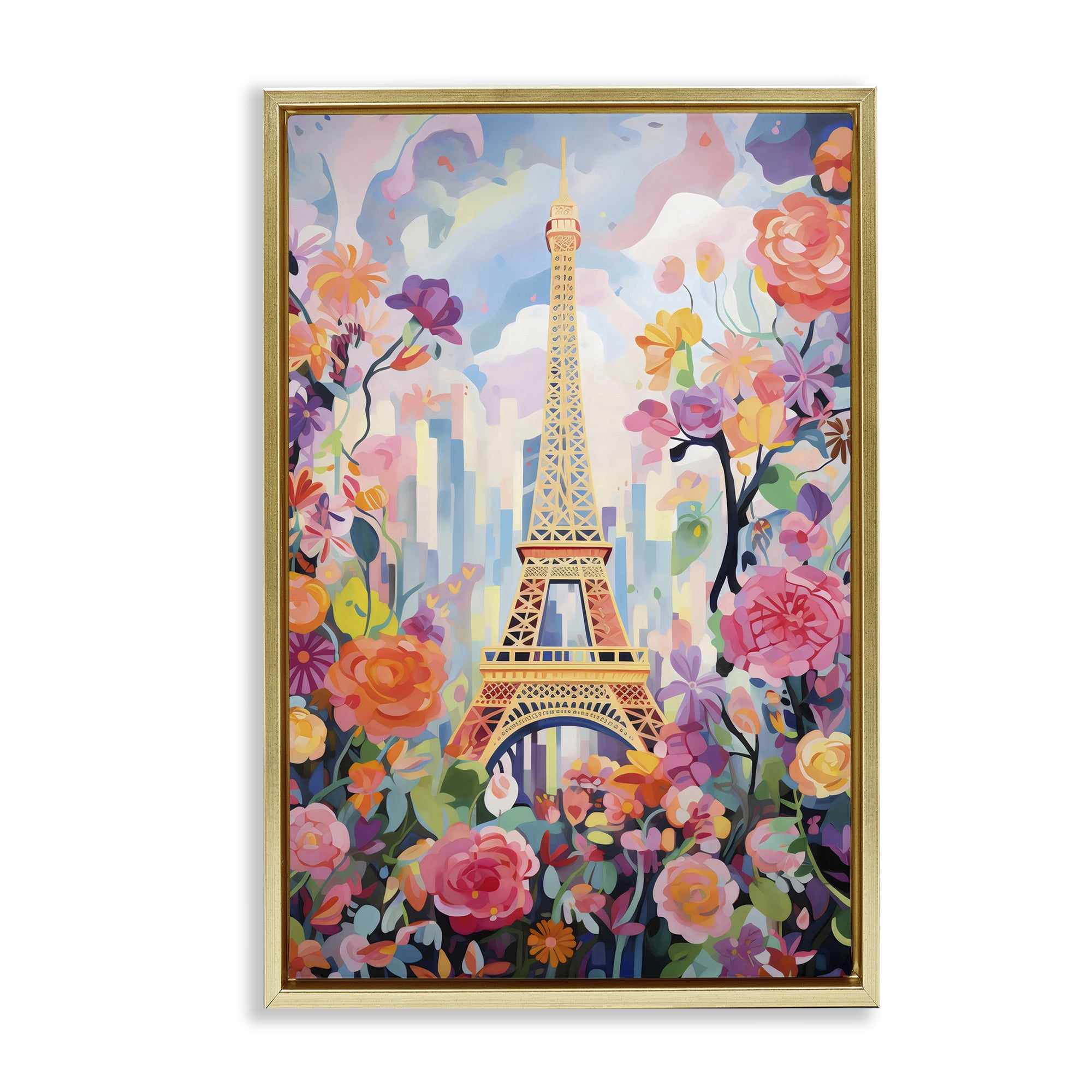 Stupell Industries Eiffel Tower Surrounded By Florals Gold Framed Floater Canvas Wall Art, design by Creative Studio