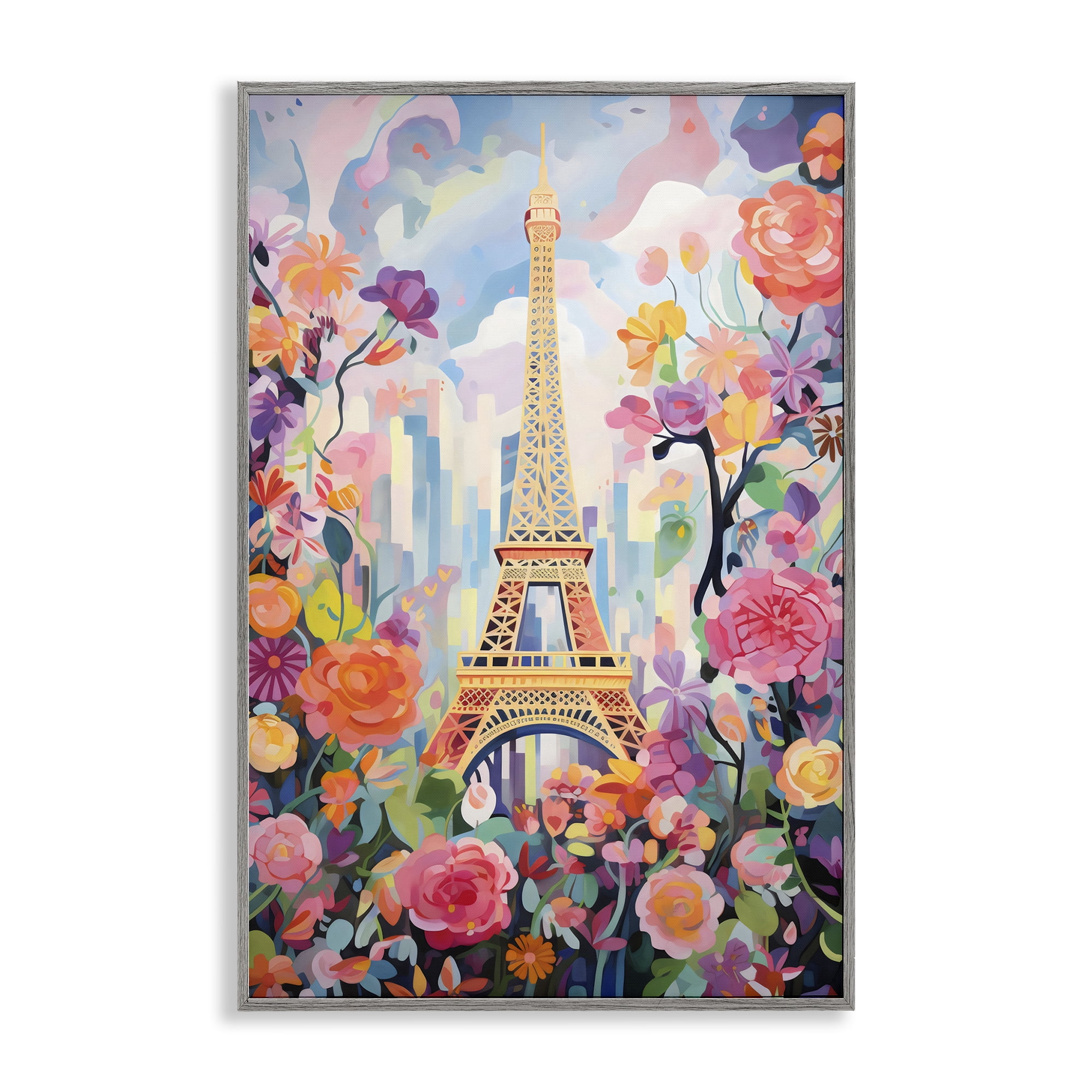 Stupell Industries Eiffel Tower Surrounded By Florals Gray Framed Giclee Art, design by Creative Studio
