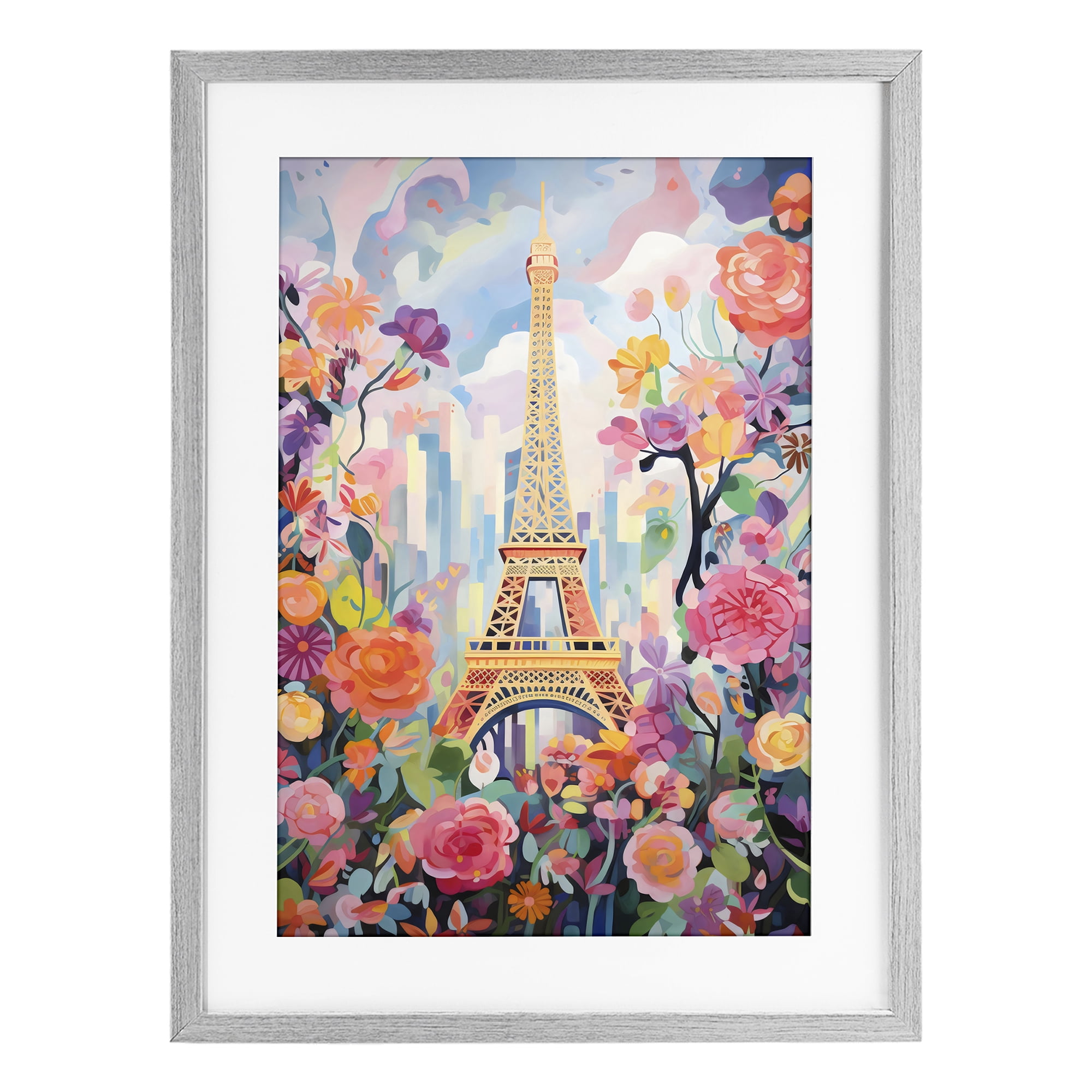 Stupell Industries Eiffel Tower Surrounded By Florals Gray Framed Print Under Glass, design by Creative Studio