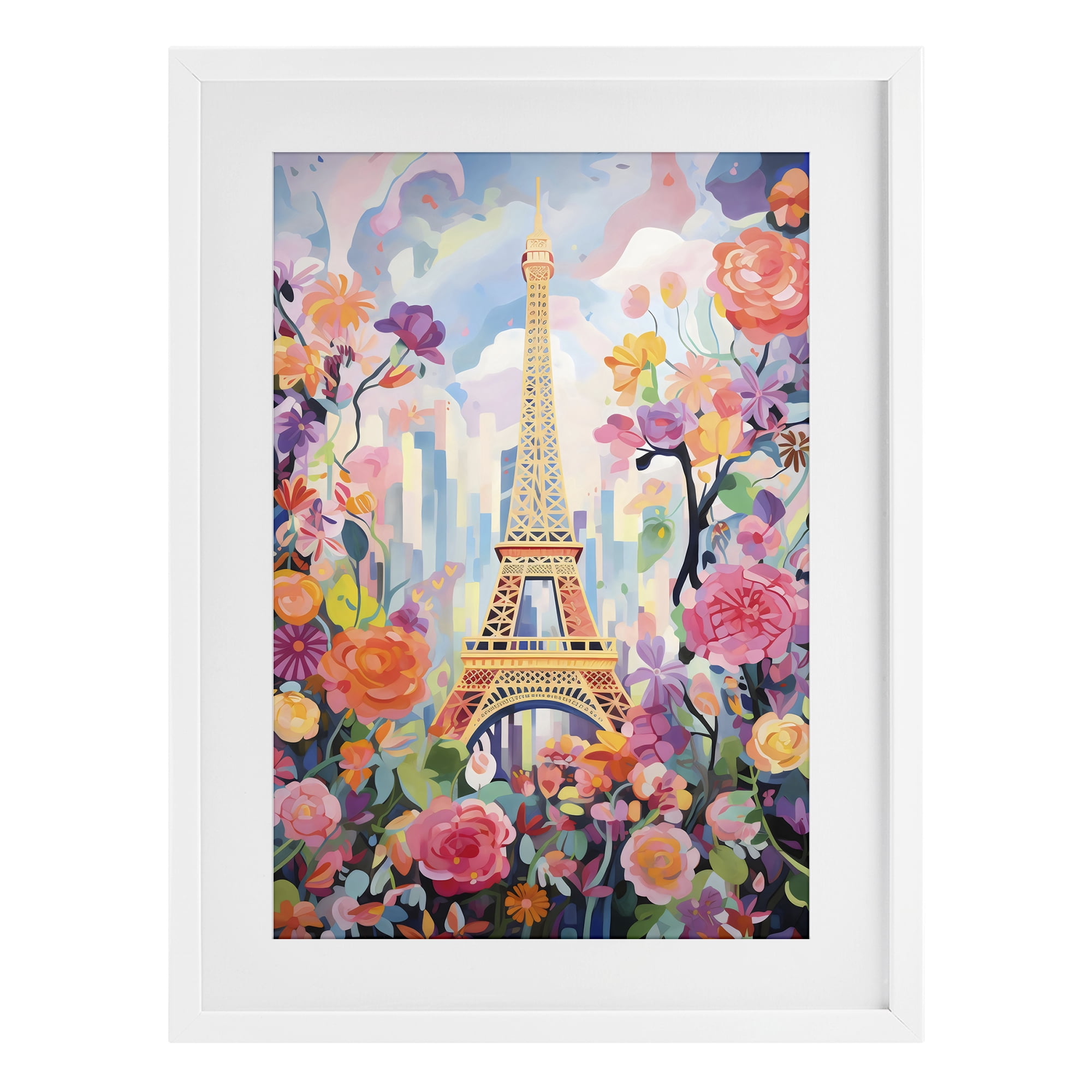 Stupell Industries Eiffel Tower Surrounded By Florals White Framed Print Under Glass, design by Creative Studio