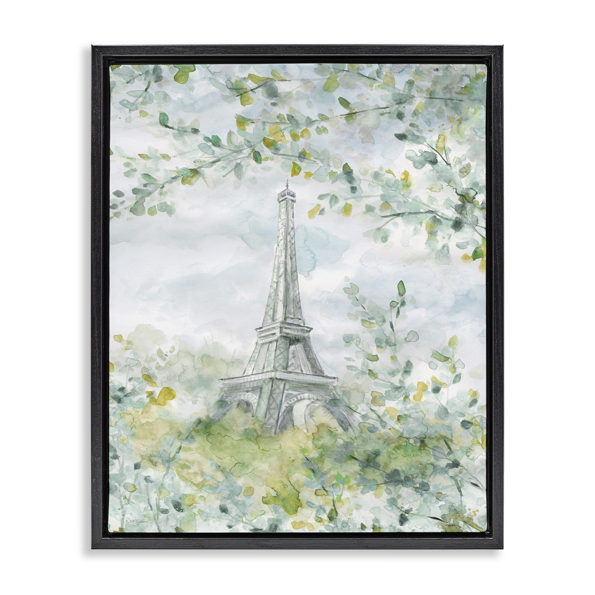 Stupell Industries Eiffel Tower Through Branches Plants & Flowers Painting Black Floater Framed Canvas Art Print Wall Art, 25 x 31