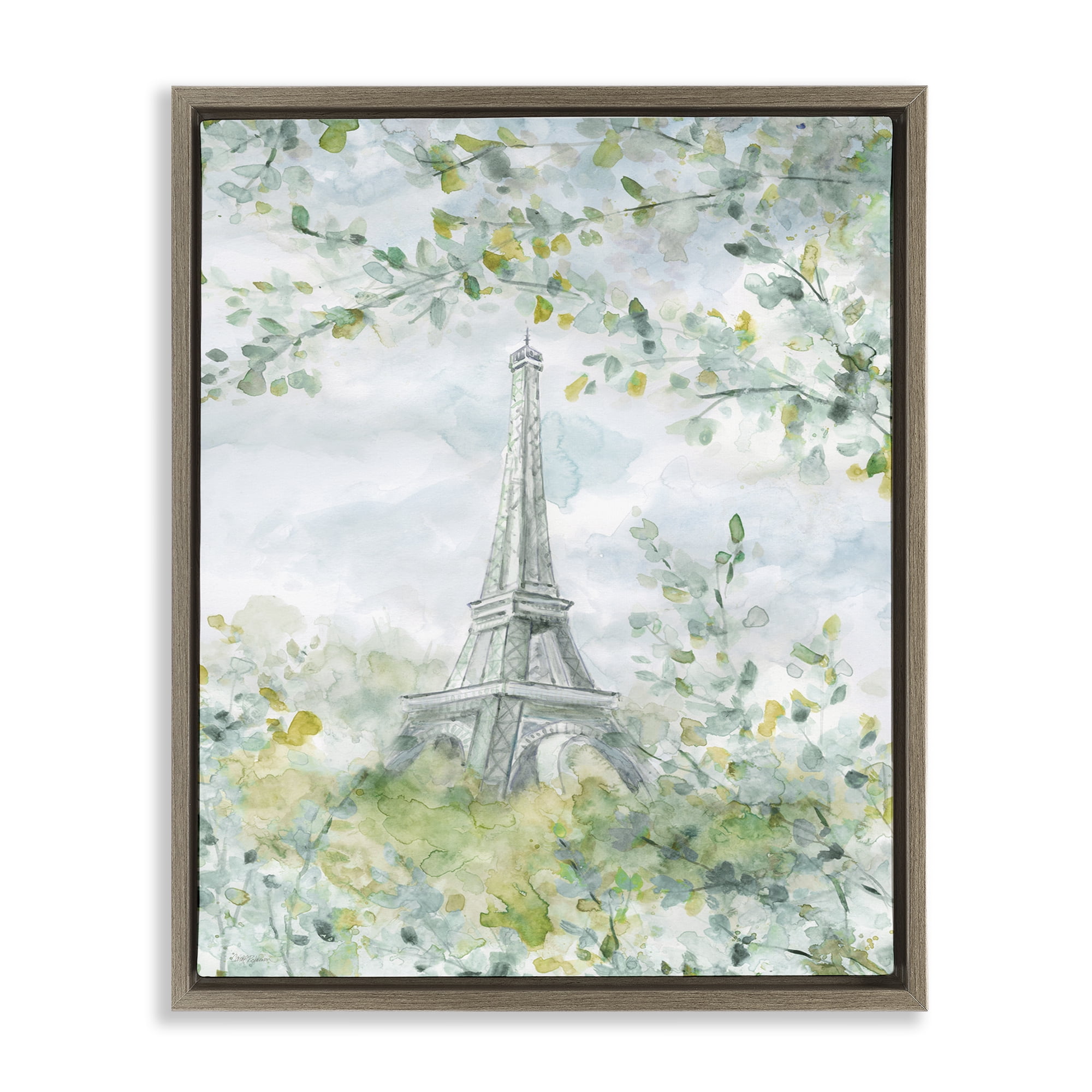 Stupell Industries Eiffel Tower Through Branches Plants & Flowers Painting Brown Floater Framed Canvas Art Print Wall Art, 25 x 31