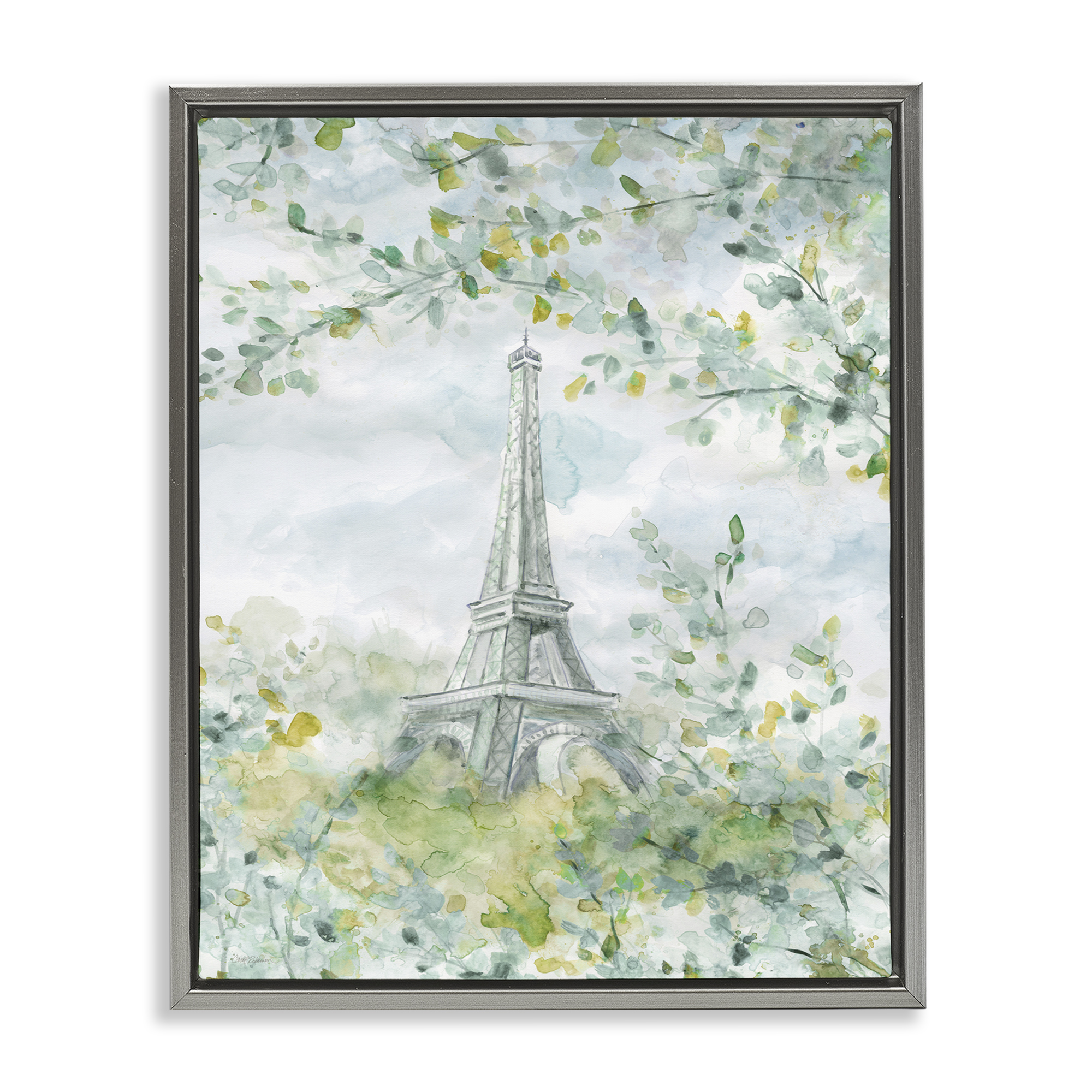 Stupell Industries Eiffel Tower Through Branches Plants & Flowers Painting Gray Floater Framed Canvas Art Print Wall Art, 25 x 31