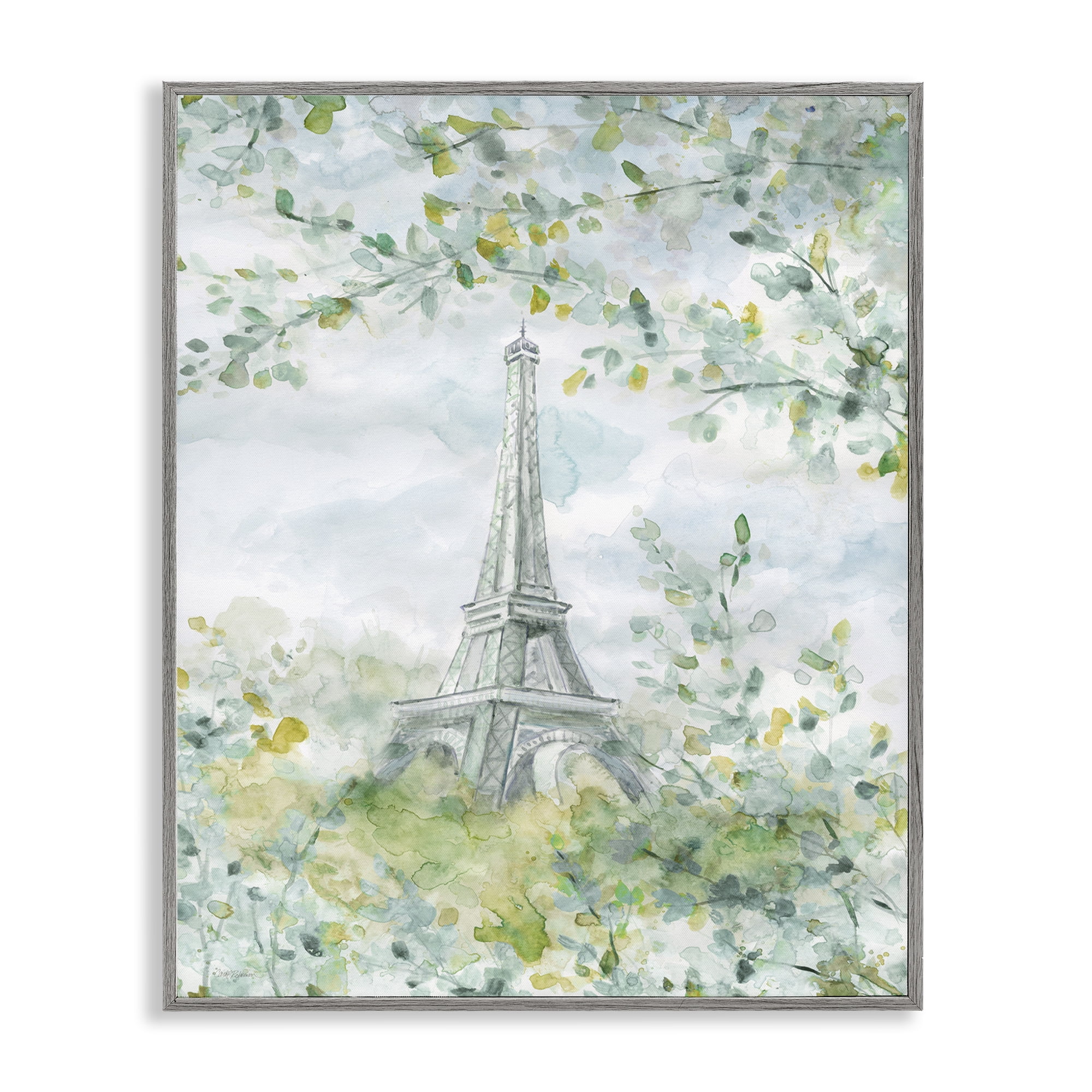 Stupell Industries Eiffel Tower Through Branches Plants & Flowers Painting Gray Framed Art Print Wall Art, 11 x 14