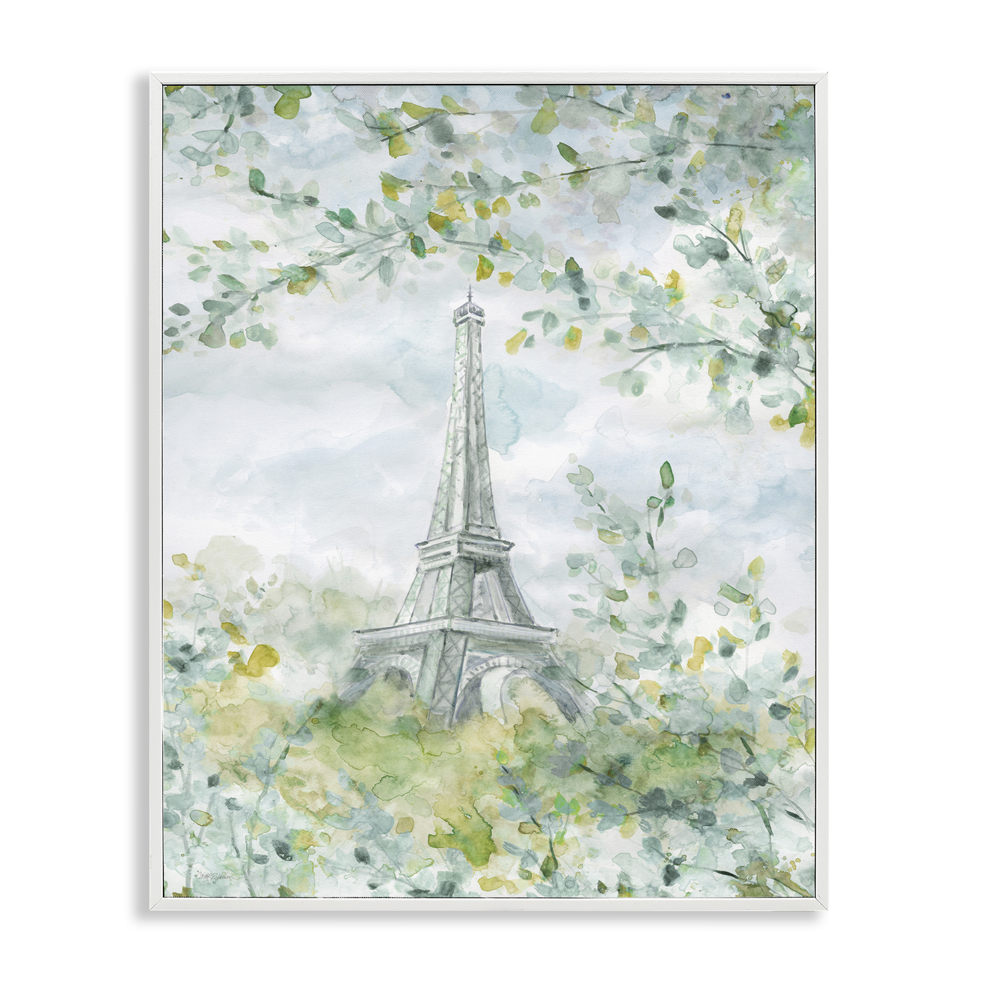 Stupell Industries Eiffel Tower Through Branches Plants & Flowers Painting White Framed Art Print Wall Art, 16 x 20