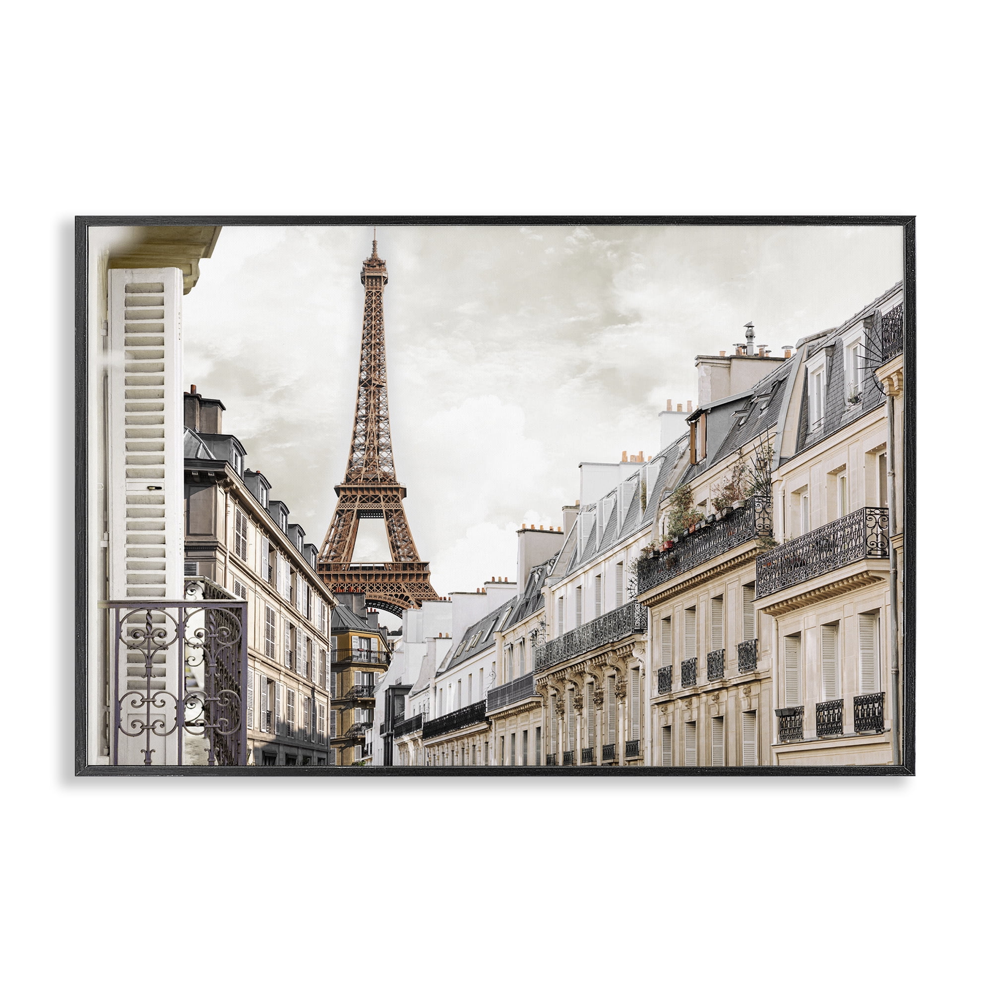 Stupell Industries Eiffel Tower Through Parisian Balconies Black Framed Giclee Art, design by CAD Designs