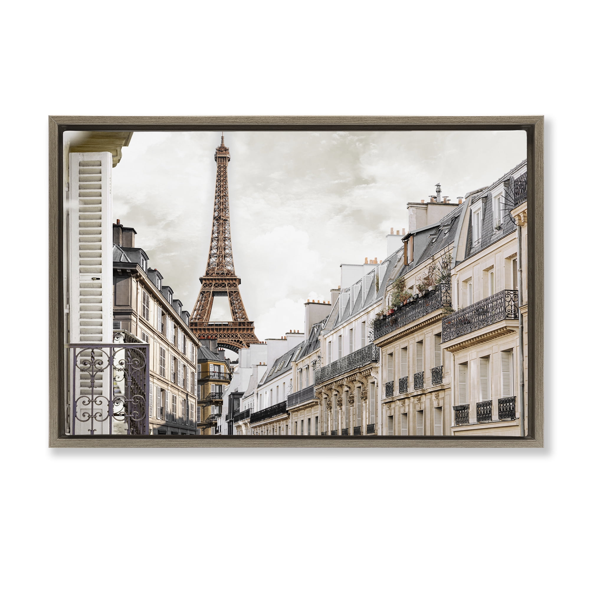 Stupell Industries Eiffel Tower Through Parisian Balconies Brown Framed Floater Canvas Wall Art, design by CAD Designs