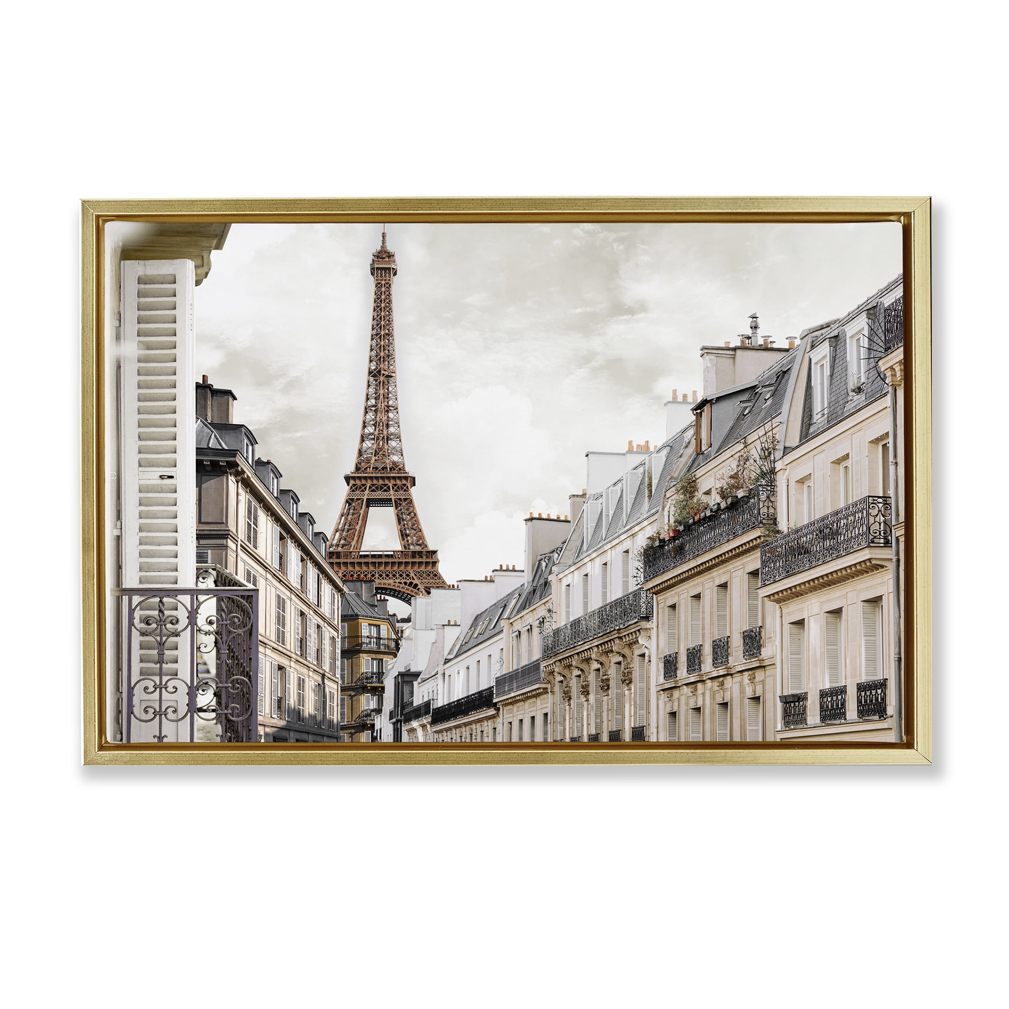 Stupell Industries Eiffel Tower Through Parisian Balconies Gold Framed Floater Canvas Wall Art, design by CAD Designs