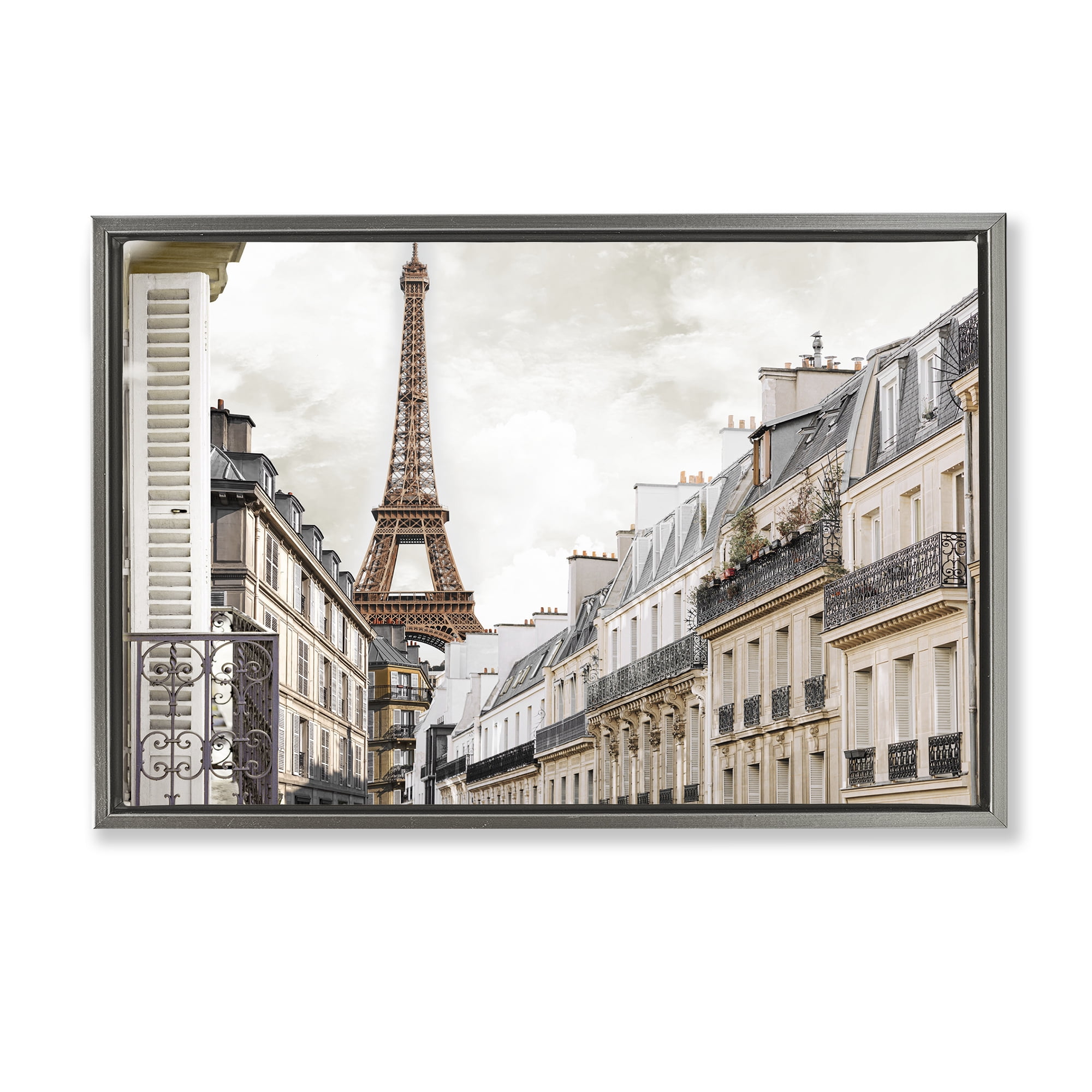 Stupell Industries Eiffel Tower Through Parisian Balconies Gray Framed Floater Canvas Wall Art, design by CAD Designs