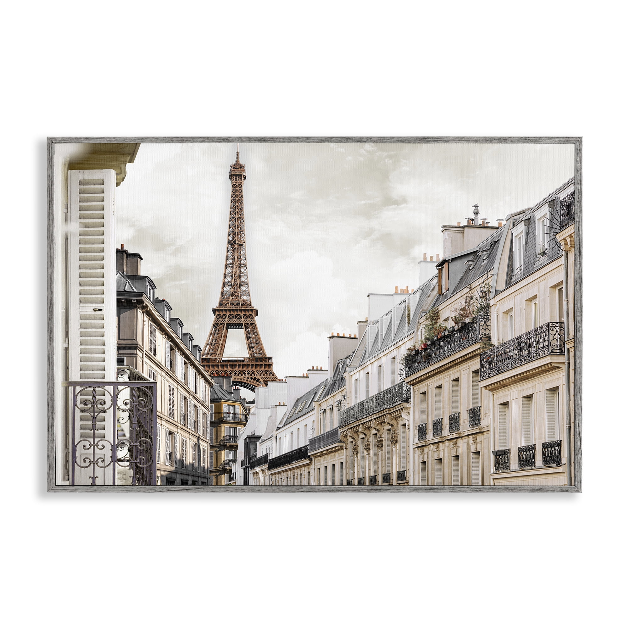 Stupell Industries Eiffel Tower Through Parisian Balconies Gray Framed Giclee Art, design by CAD Designs