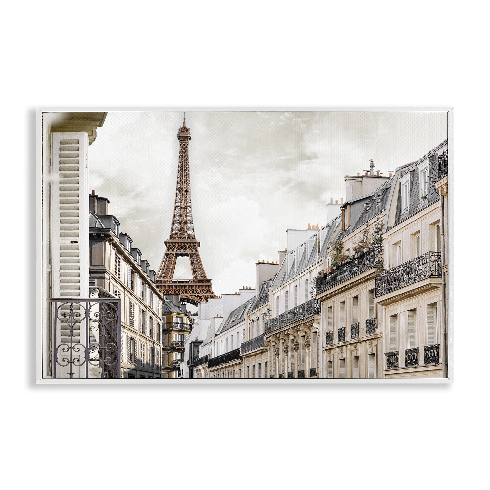 Stupell Industries Eiffel Tower Through Parisian Balconies White Framed Giclee Art, design by CAD Designs