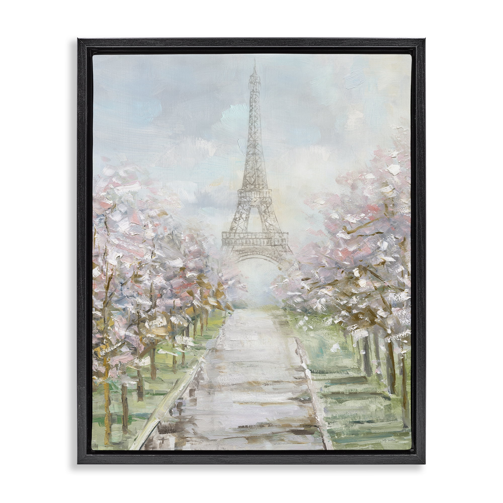 Stupell Industries Eiffel Tower & Tree Grove Scenic & Cityscapes Painting Black Floater Framed Canvas Art Print Wall Art, 17 x 21