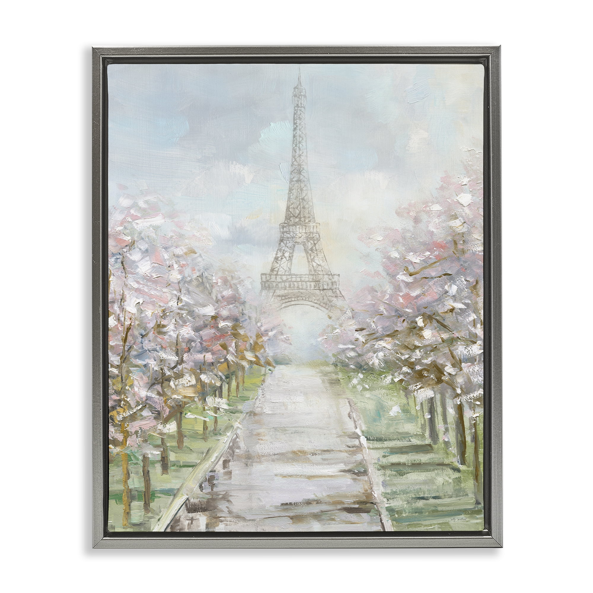 Stupell Industries Eiffel Tower & Tree Grove Scenic & Cityscapes Painting Gray Floater Framed Canvas Art Print Wall Art, 17 x 21