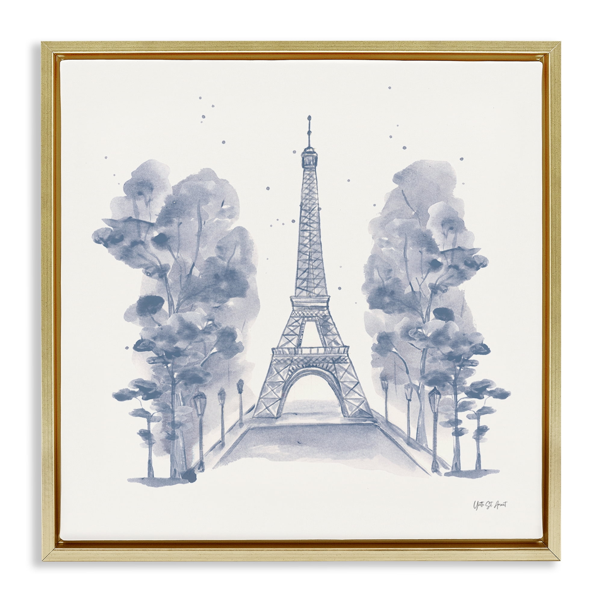 Stupell Industries Eiffel Tower Watercolor Buildings & Architecture Painting Gold Floater Framed Canvas Art Print Wall Art, 25 x 25