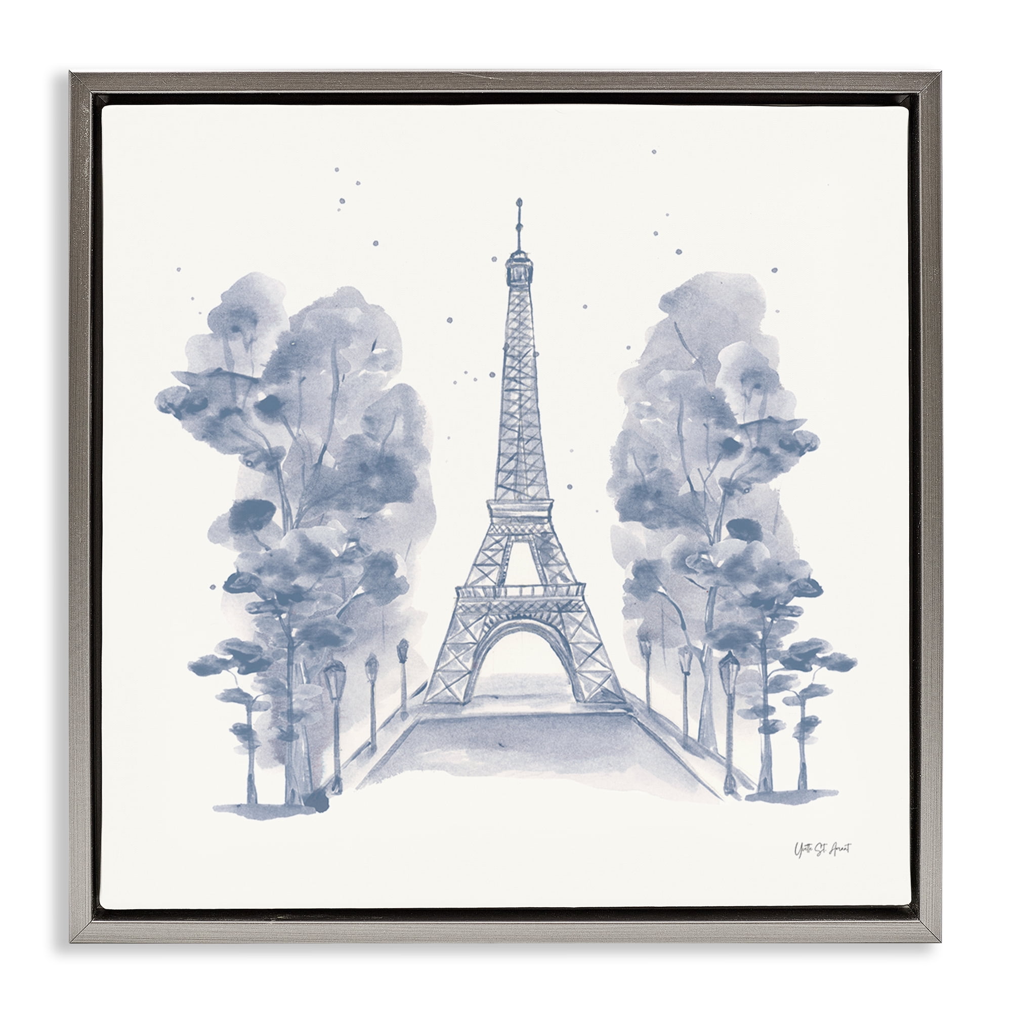Stupell Industries Eiffel Tower Watercolor Buildings & Architecture Painting Gray Floater Framed Canvas Art Print Wall Art, 25 x 25