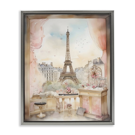 Stupell Industries French Country Eiffel Tower Window View Gray Floating Frame Canvas Art, 17 x 21, by Creative Studio